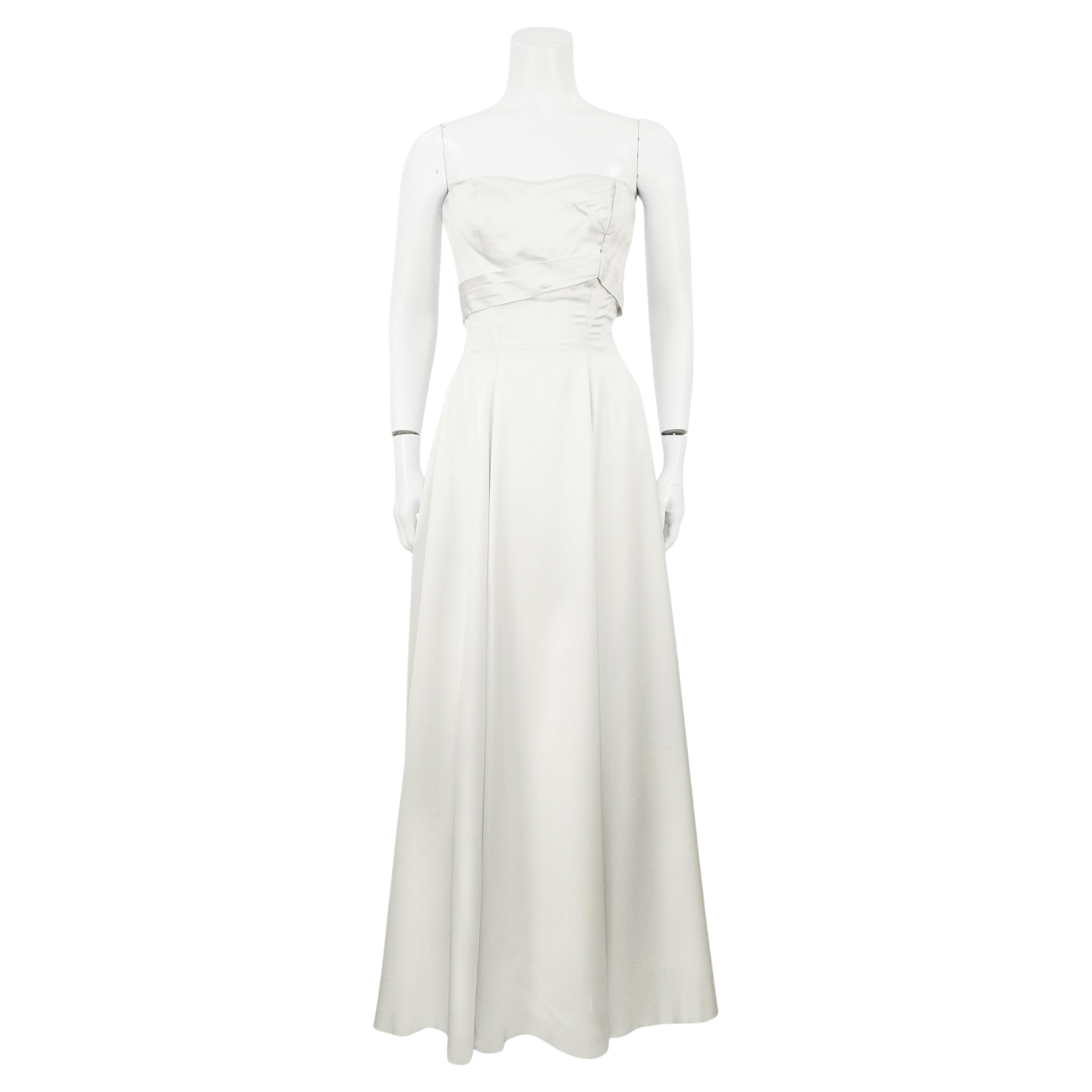 1950s Ceil Chapman White Strapless Satin Gown