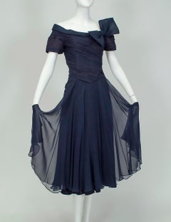 Ceil Chapman Navy Chiffon Portrait Collar Dance Dress w 35' Sweep - M, 1950s
