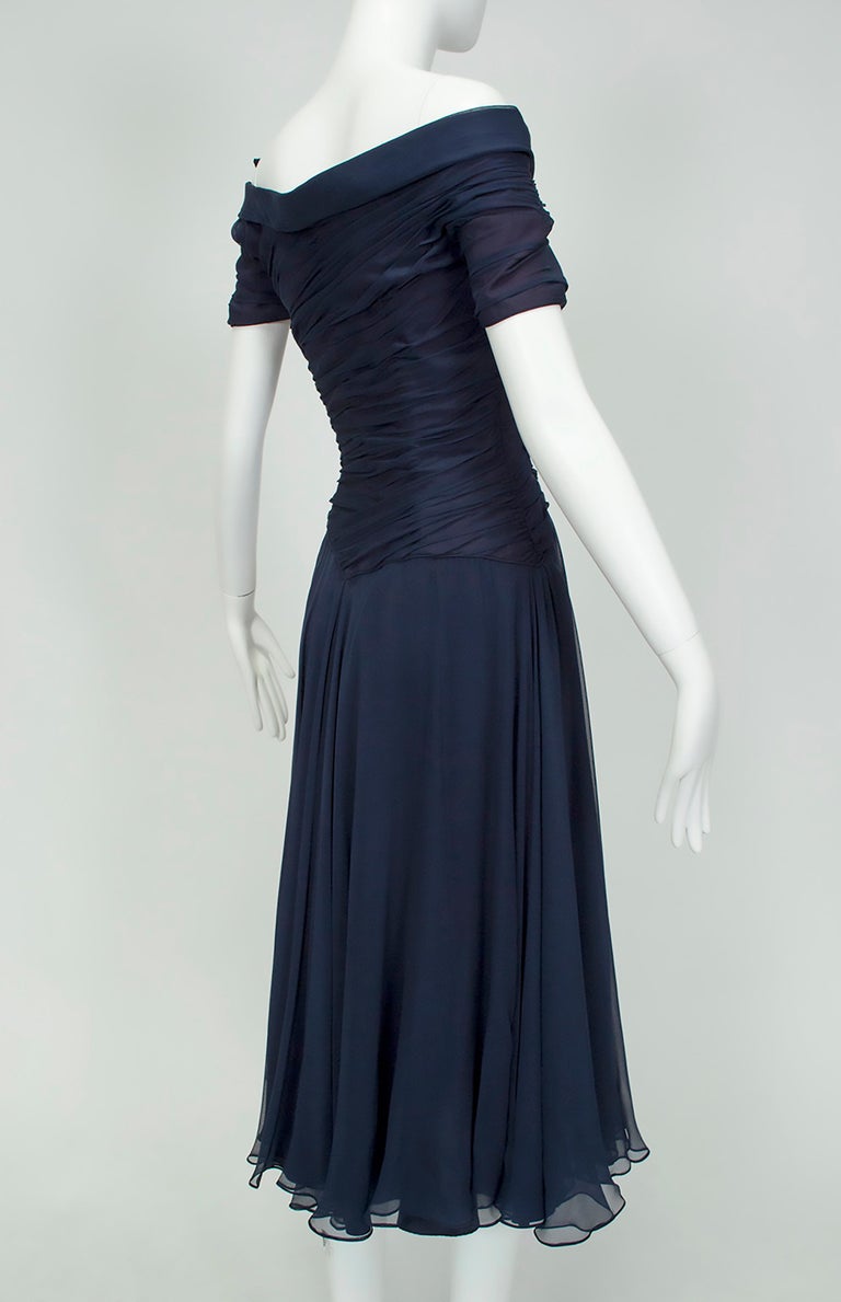 Ceil Chapman Navy Chiffon Portrait Collar Dance Dress W 35' Sweep - M, 1950s