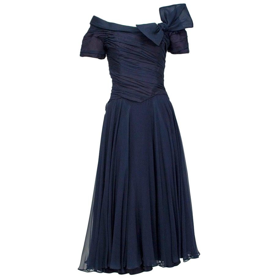 Ceil Chapman Navy Chiffon Portrait Collar Dress with Shoulder Bow - Med, 1950s For Sale