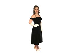 Ceil Chapman Off Shoulder Silk Velvet Vintage Gown Black Dress Circa 1950s SM