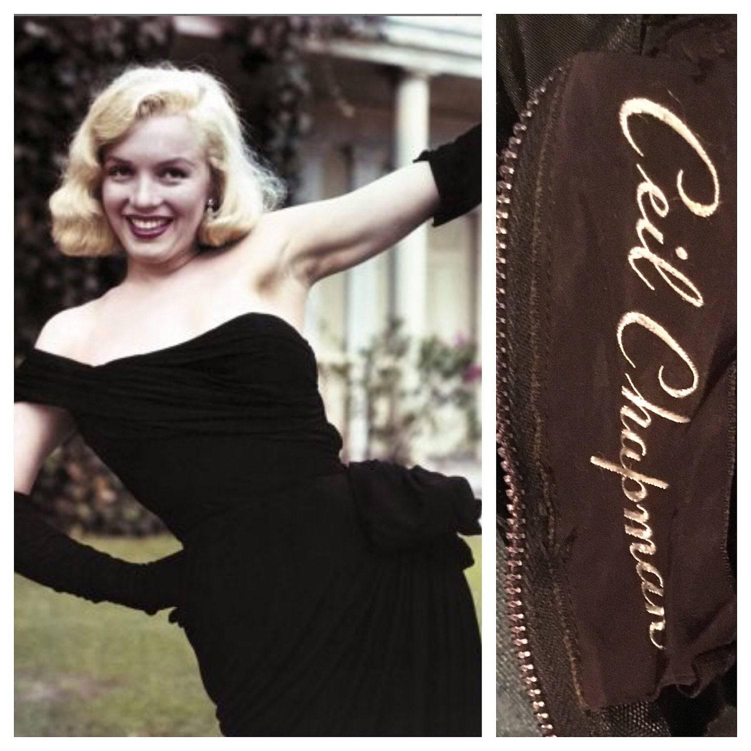 Women's Ceil Chapman Off Shoulder Silk Velvet Vintage Gown Black Dress Circa 1950s SM For Sale