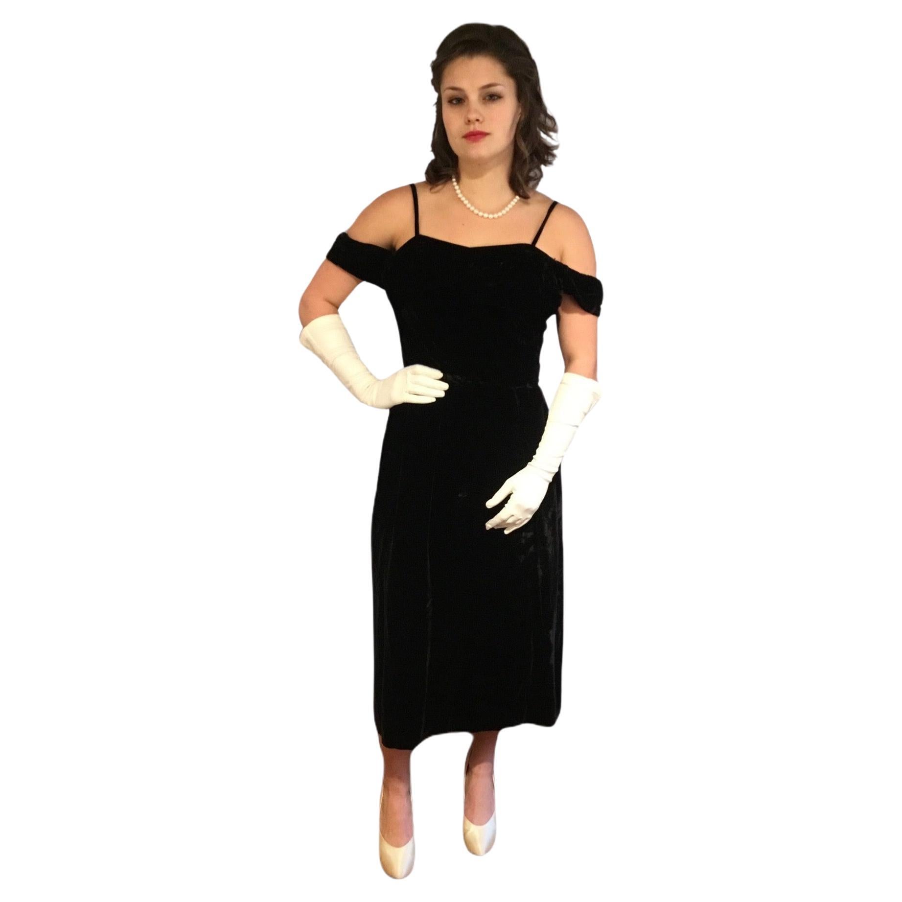 Ceil Chapman Off Shoulder Silk Velvet Vintage Gown Black Dress Circa 1950s SM For Sale