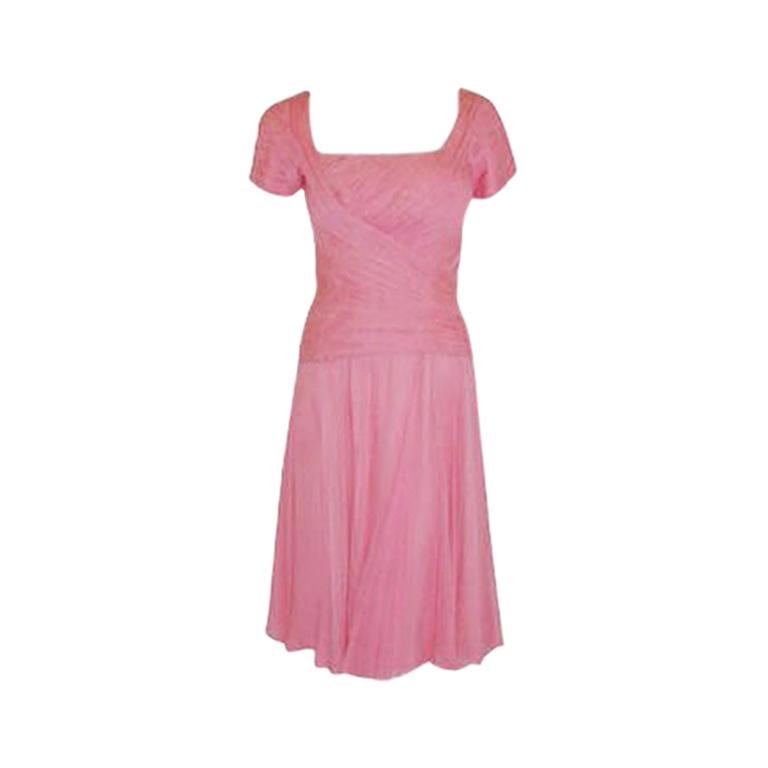 Ceil Chapman Pink Chiffon Draped Pin Tucked Bodice Cocktail Dress, 1960's For Sale