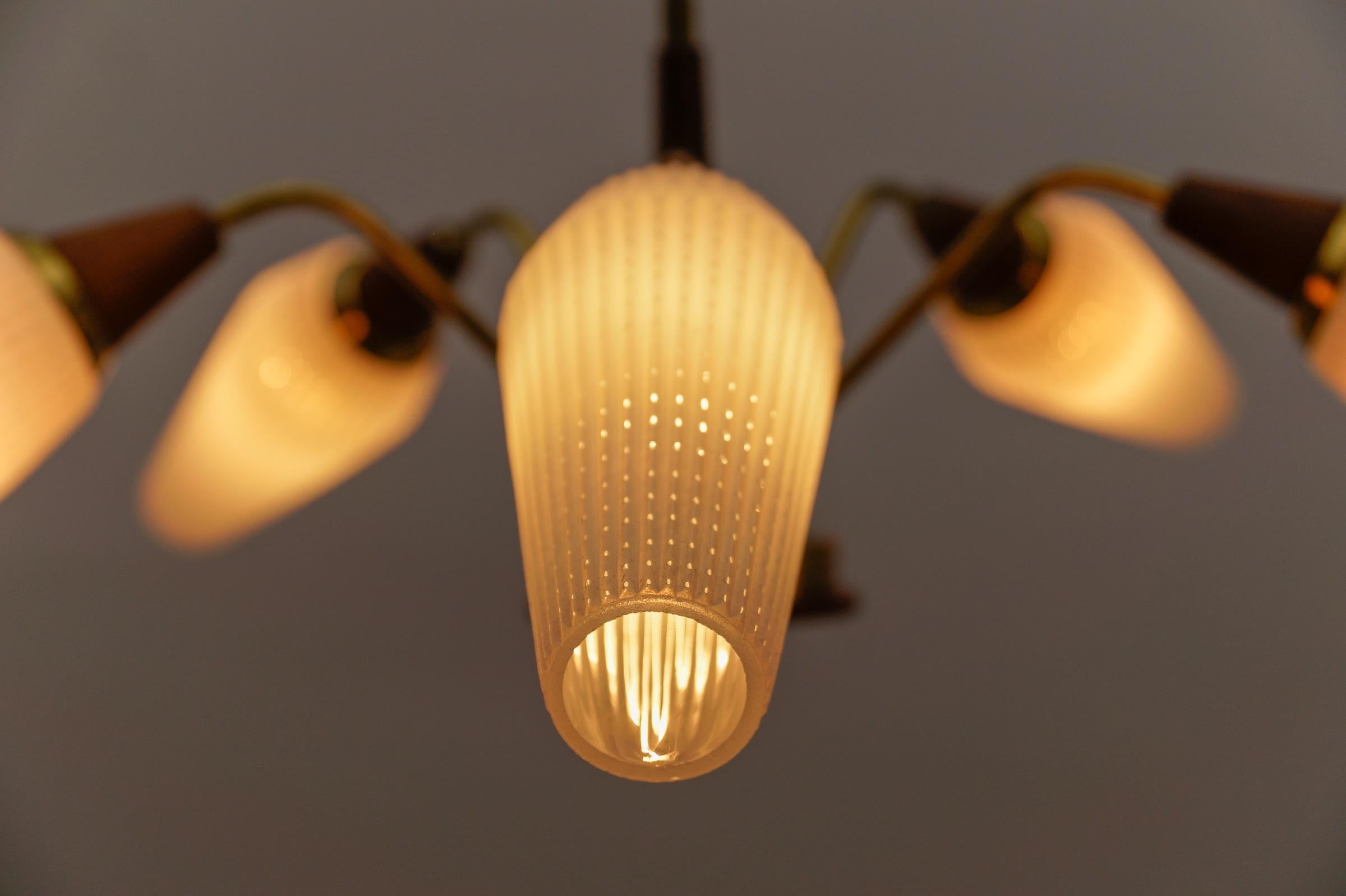 Ceiling 5-Light Sputnik Lamp in Teak, Brass and Glass, 1950s For Sale 3