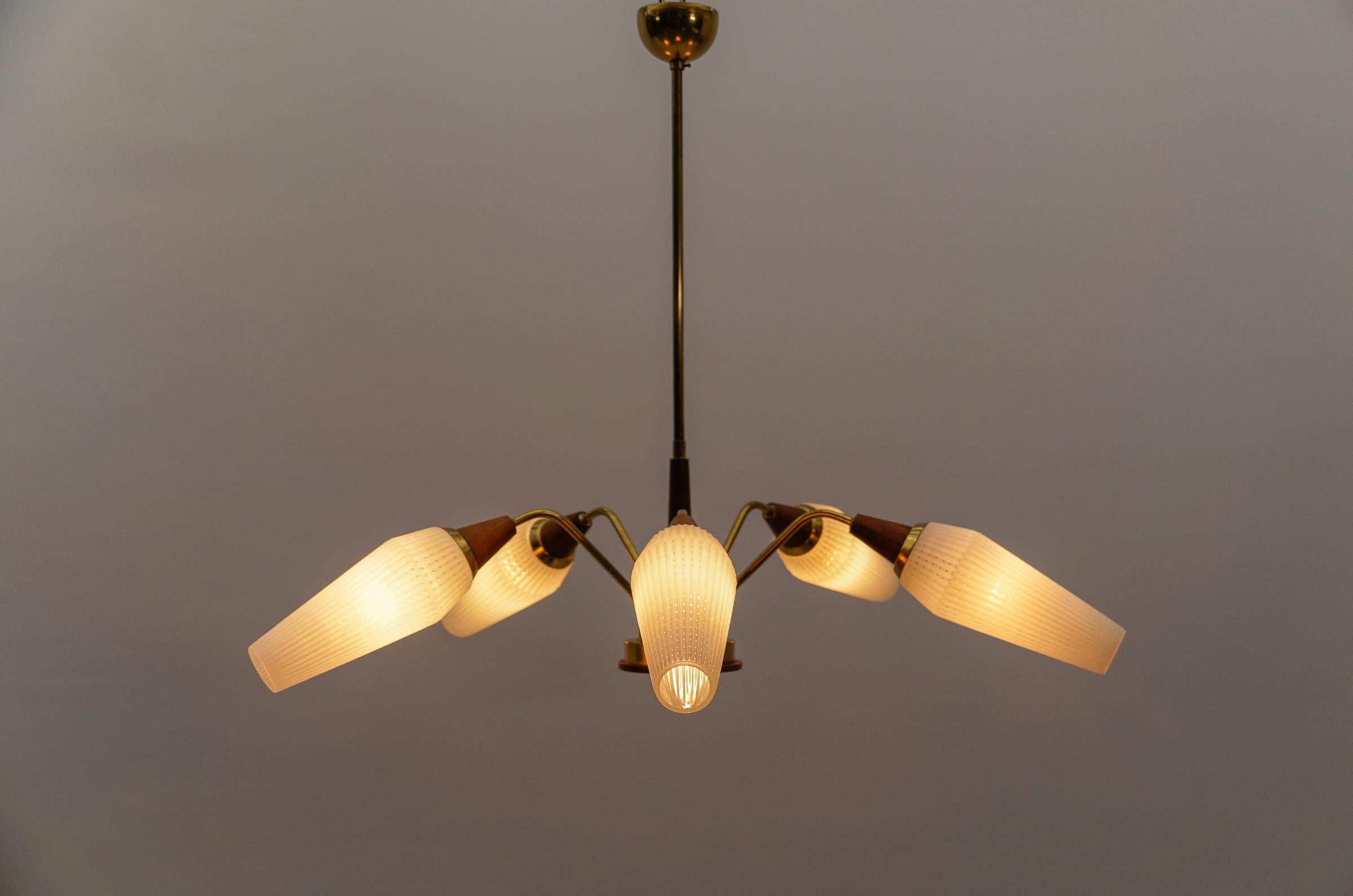 Mid-Century Modern Ceiling 5-Light Sputnik Lamp in Teak, Brass and Glass, 1950s For Sale