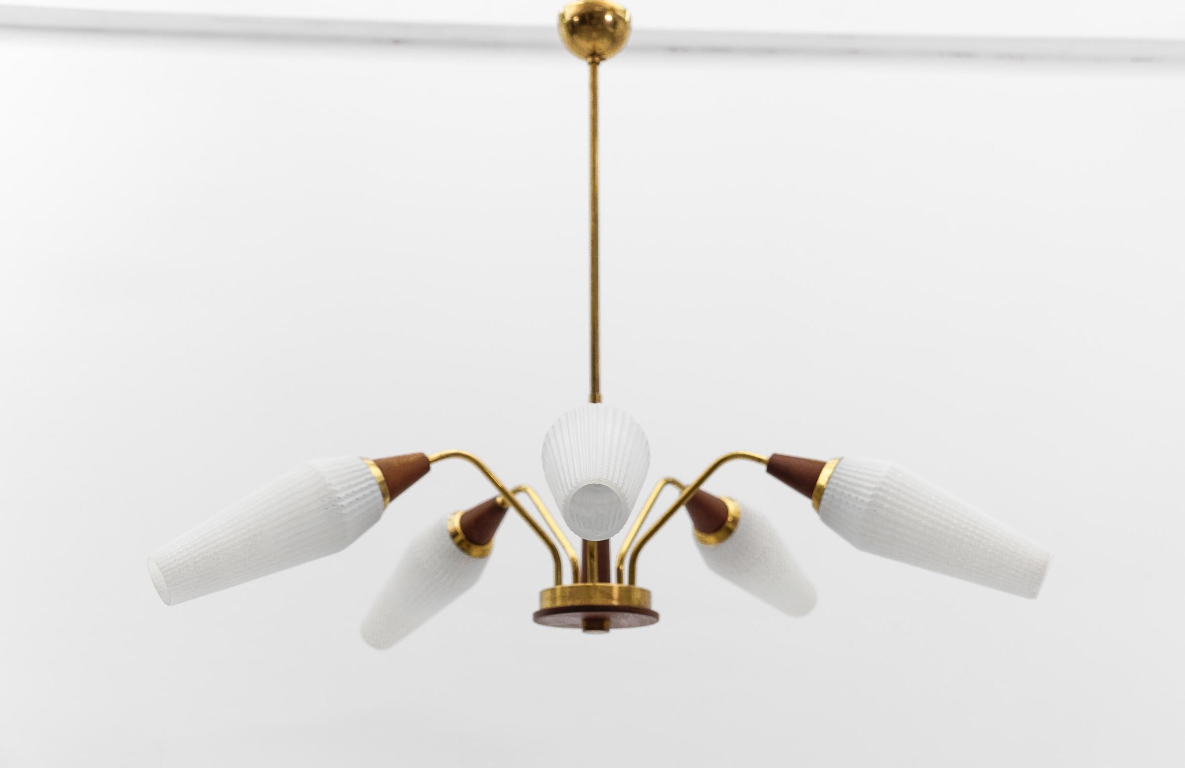 European Ceiling 5-Light Sputnik Lamp in Teak, Brass and Glass, 1950s For Sale