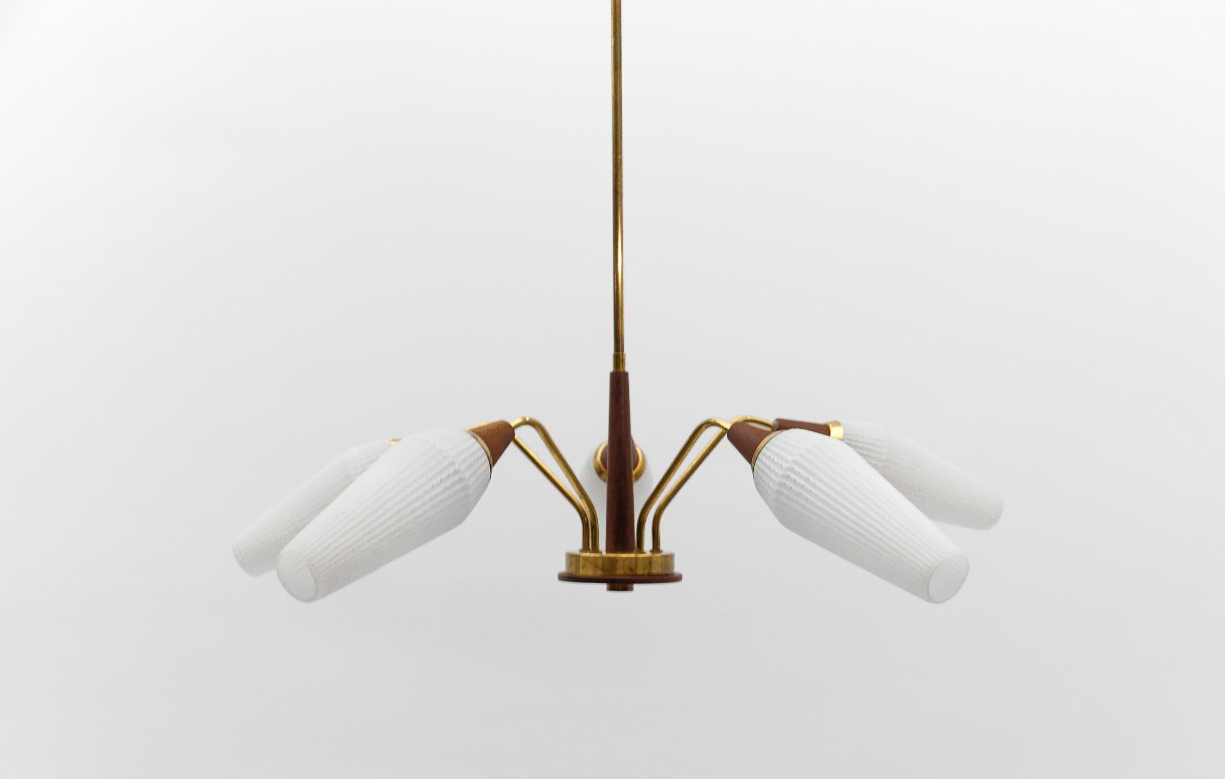 Ceiling 5-Light Sputnik Lamp in Teak, Brass and Glass, 1950s In Good Condition For Sale In Nürnberg, Bayern