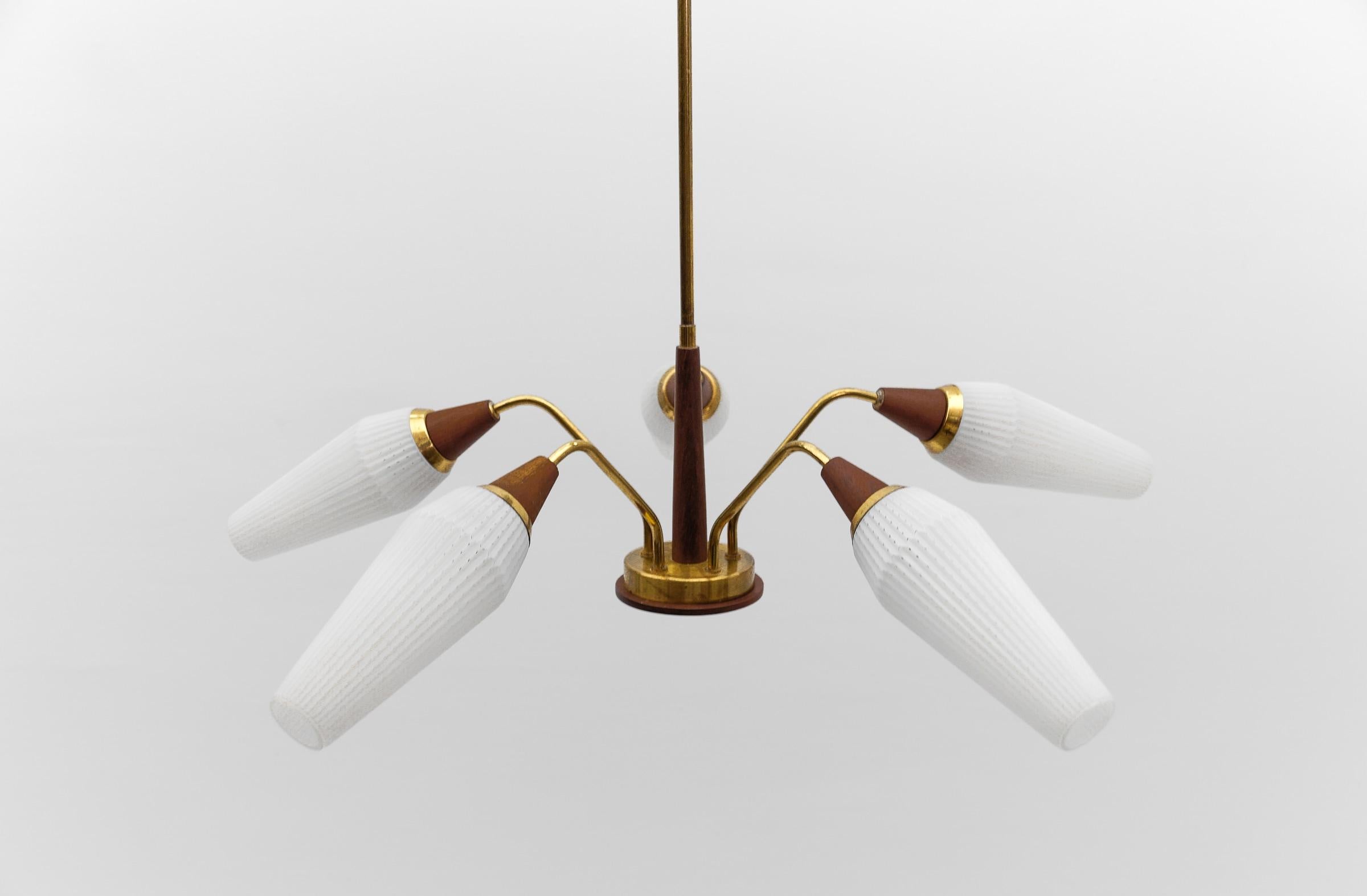 Mid-20th Century Ceiling 5-Light Sputnik Lamp in Teak, Brass and Glass, 1950s For Sale