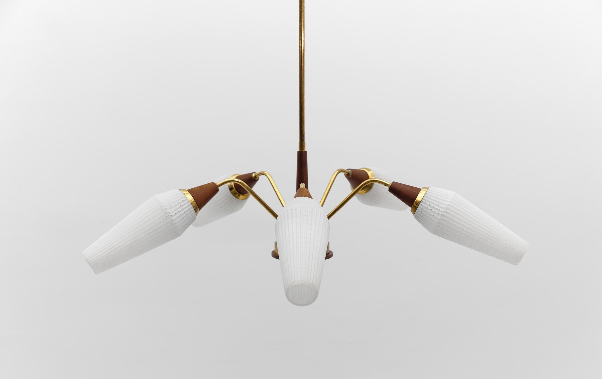 Metal Ceiling 5-Light Sputnik Lamp in Teak, Brass and Glass, 1950s For Sale