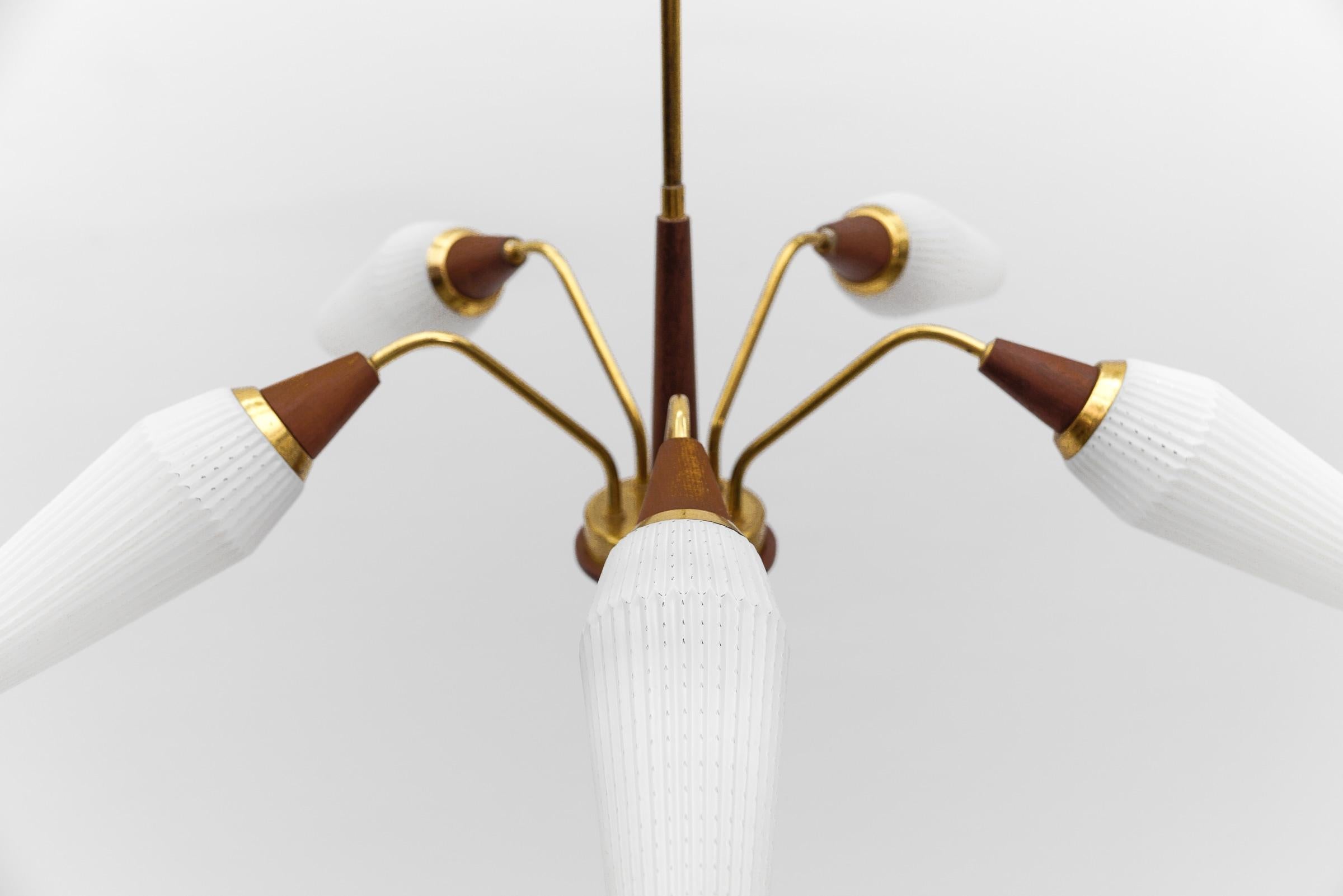 Ceiling 5-Light Sputnik Lamp in Teak, Brass and Glass, 1950s For Sale 2