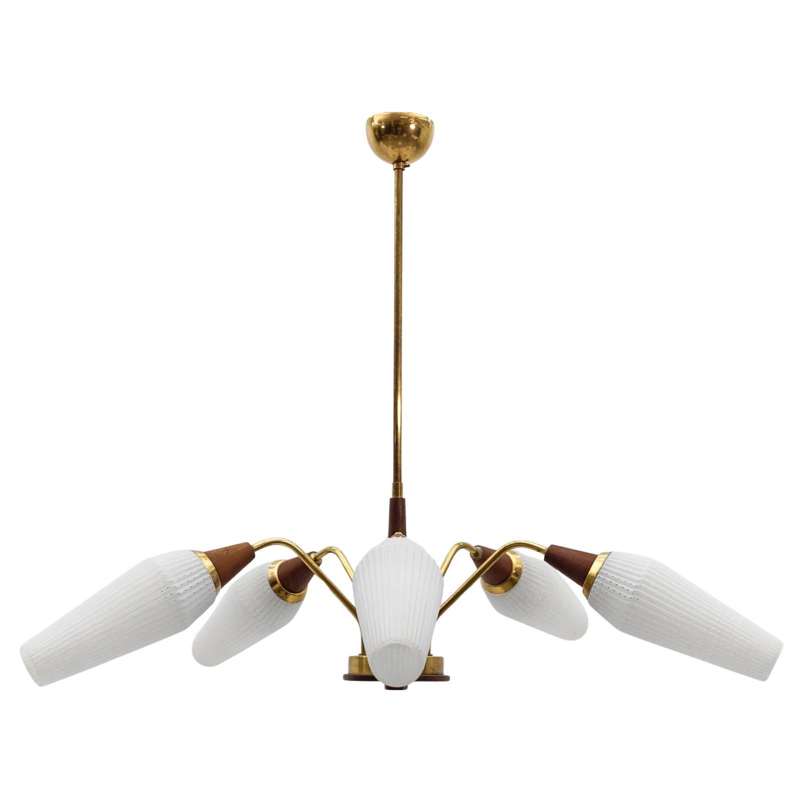 Ceiling 5-Light Sputnik Lamp in Teak, Brass and Glass, 1950s For Sale