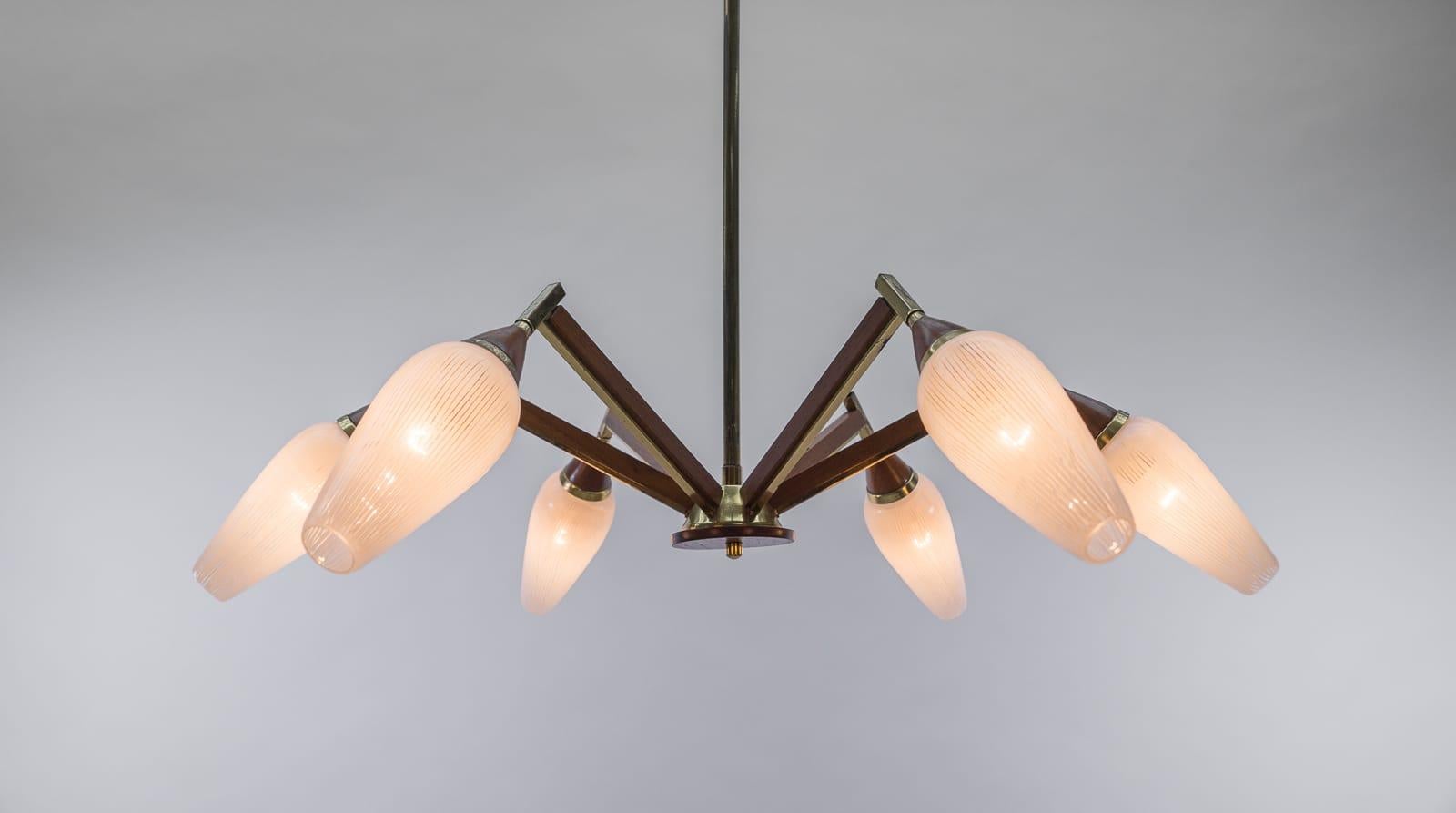Ceiling 6-Light Sputnik Lamp in Teak, Brass and Glass, 1950s In Good Condition For Sale In Nürnberg, Bayern