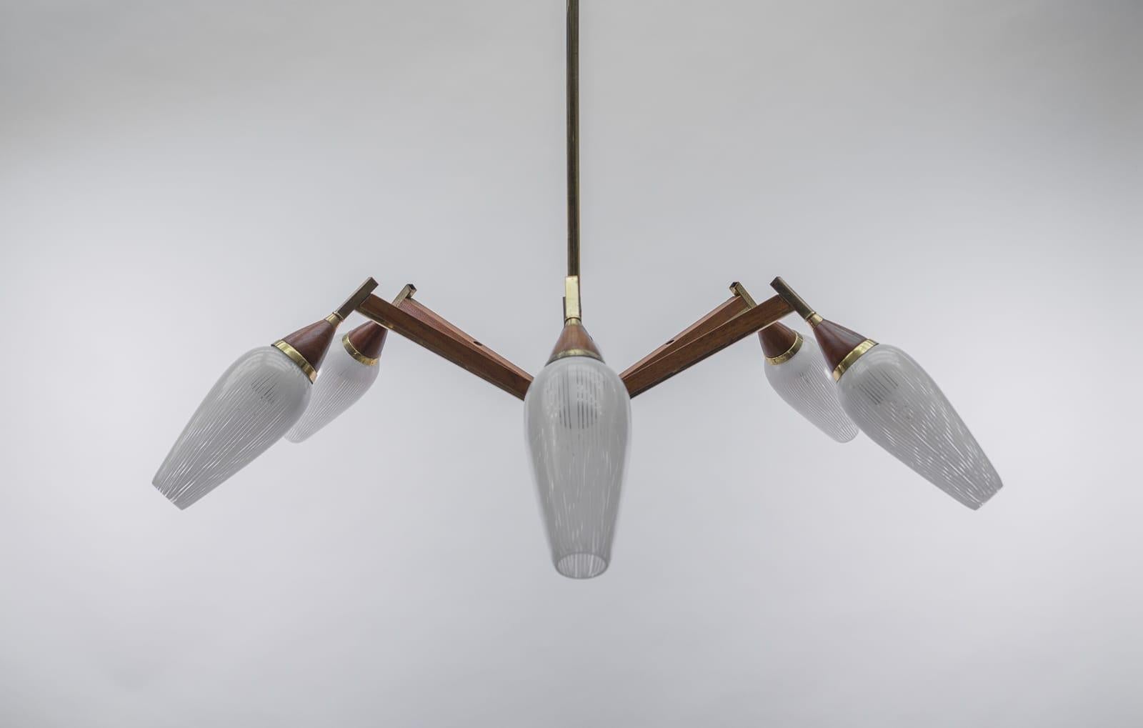 Mid-20th Century Ceiling 6-Light Sputnik Lamp in Teak, Brass and Glass, 1950s For Sale