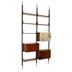 Ceiling Bookcase Rosewood Veneer Brass Metal Vintage, Italy, 1950s-1960s