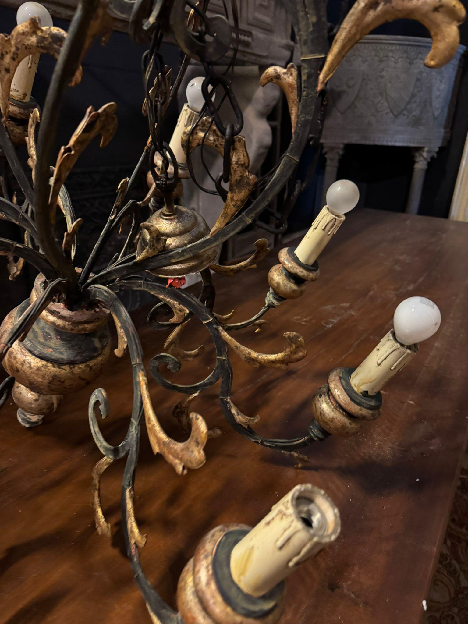 Italian Ceiling chandelier in sheet metal and gilded wood, Italy For Sale