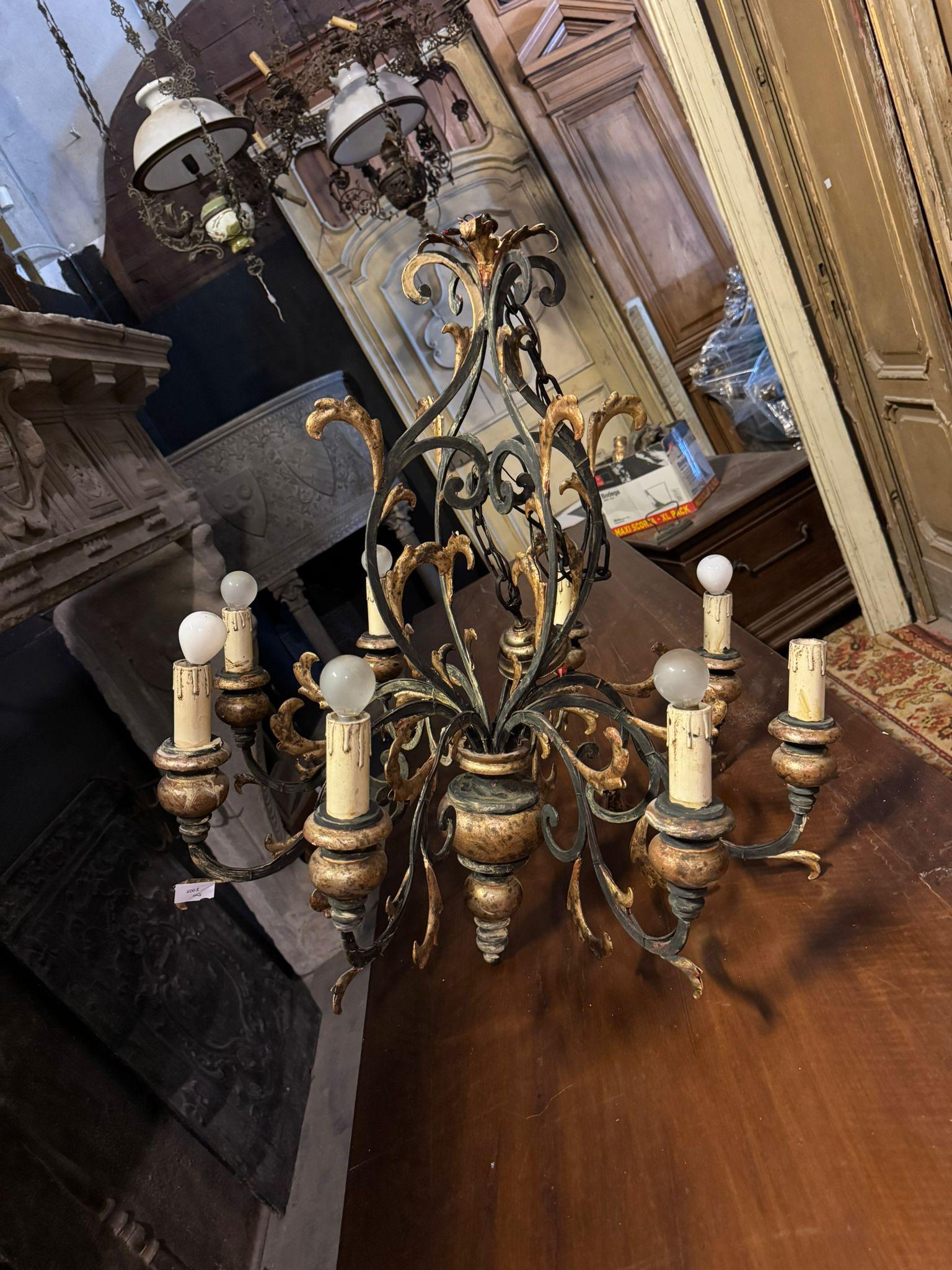 19th Century Ceiling chandelier in sheet metal and gilded wood, Italy For Sale