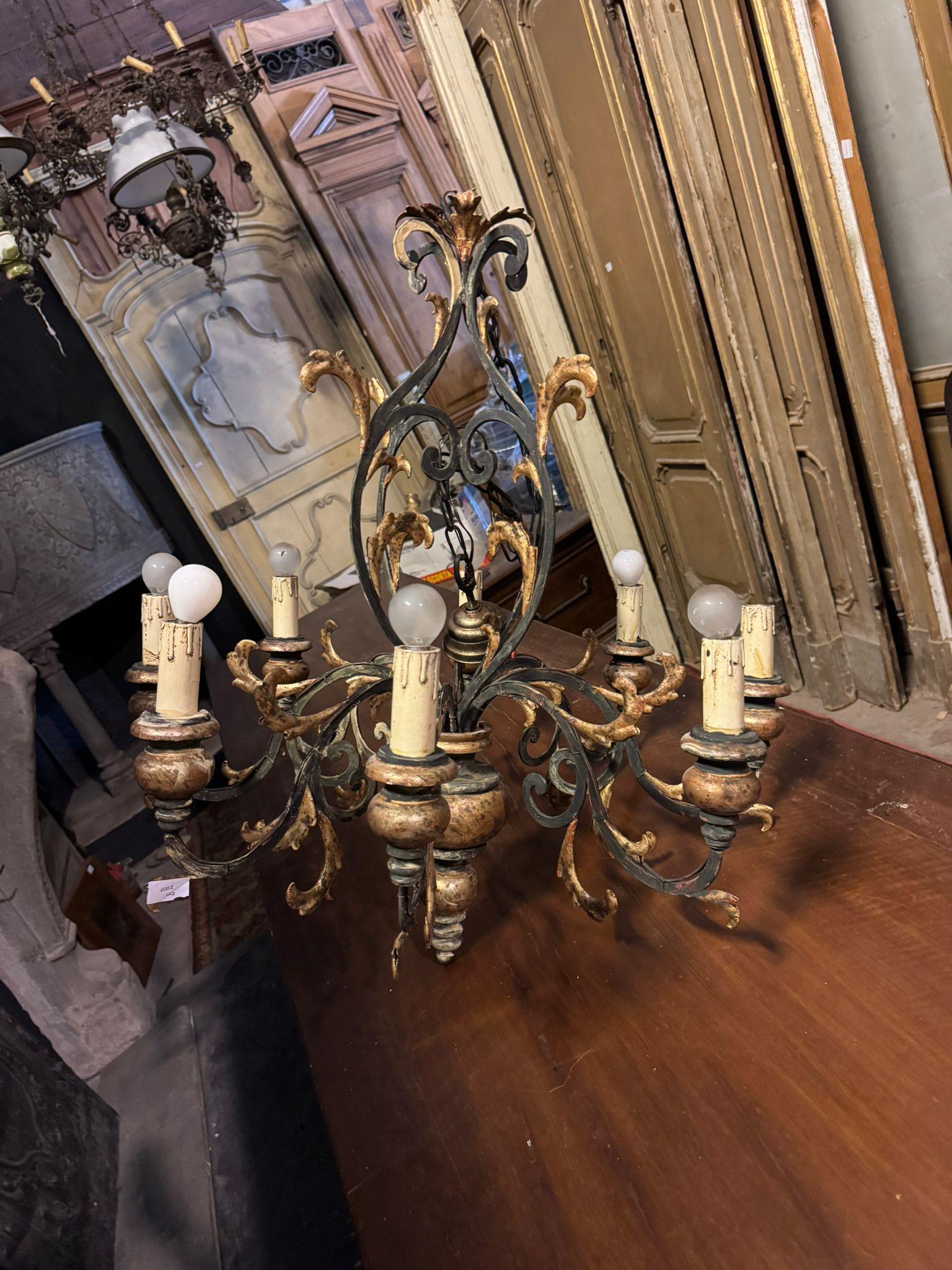 Iron Ceiling chandelier in sheet metal and gilded wood, Italy For Sale