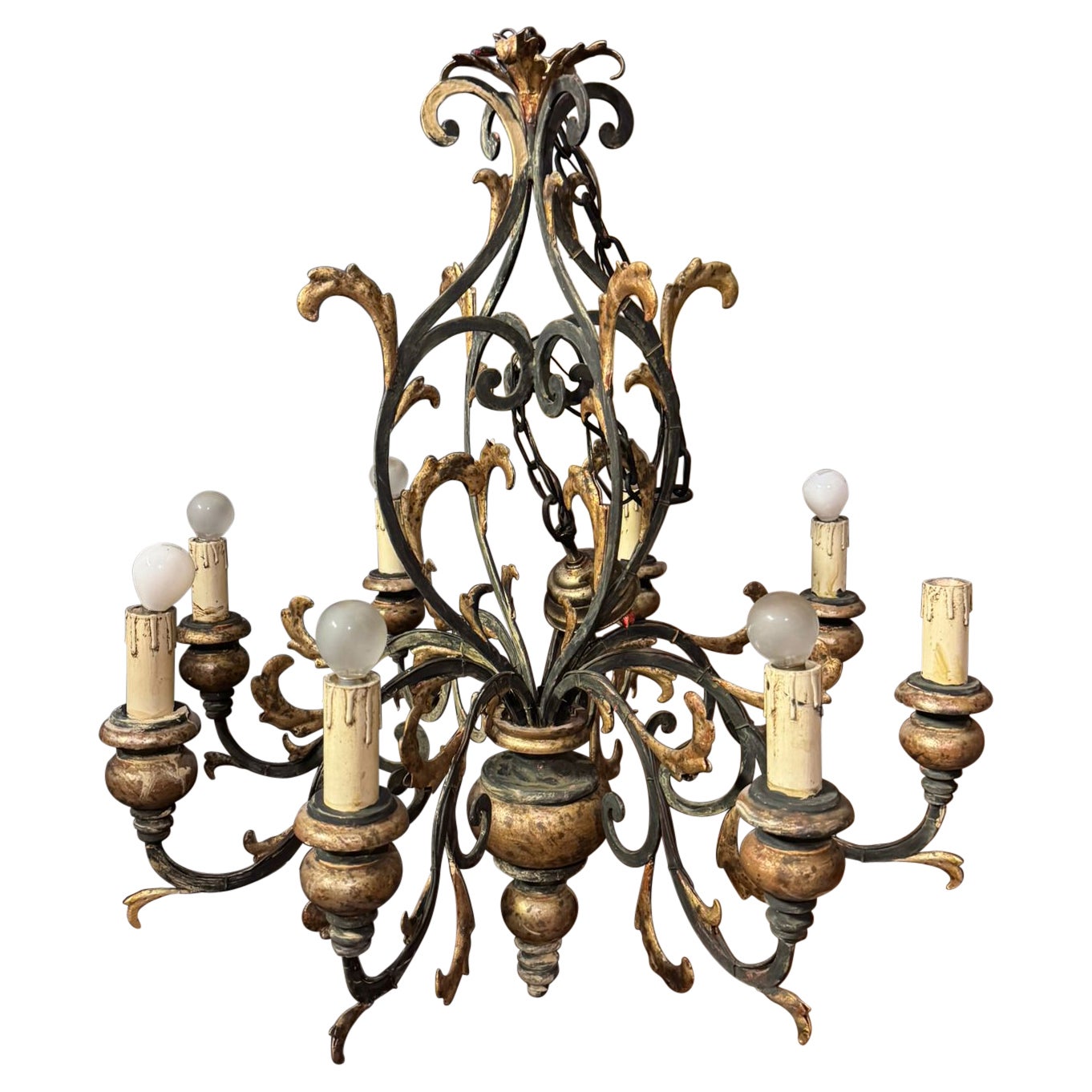 Ceiling chandelier in sheet metal and gilded wood, Italy For Sale