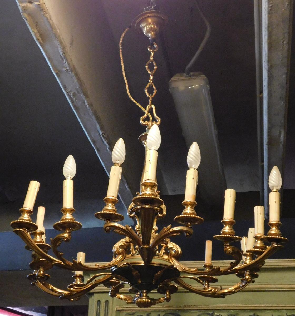 Ceiling Chandelier Lamp, 18 Lights, Gilded Brass, Italian Liberty '900 For Sale 3