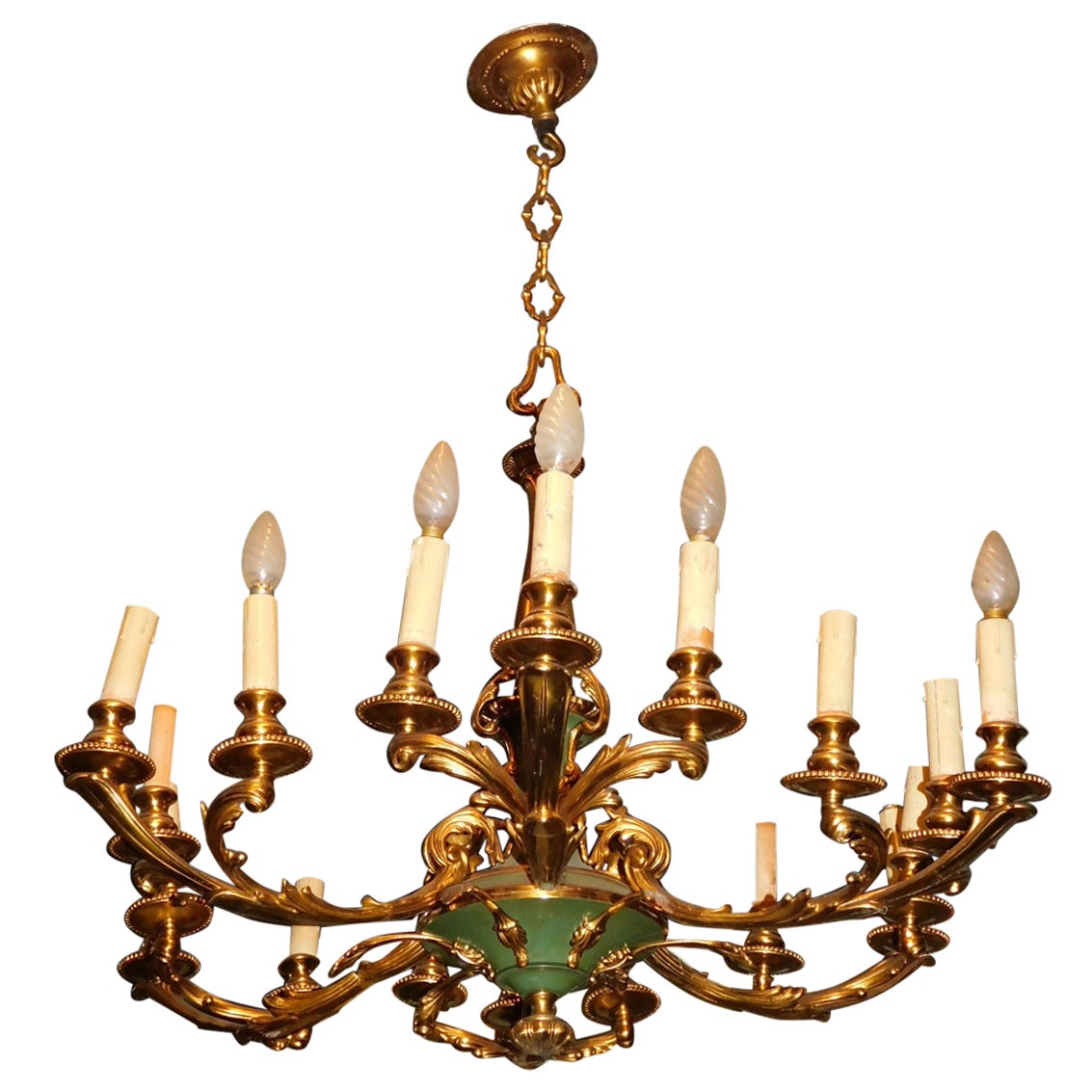 Lampadario da soffitto, 18 luci, ottone dorato, Liberty italiano del '900