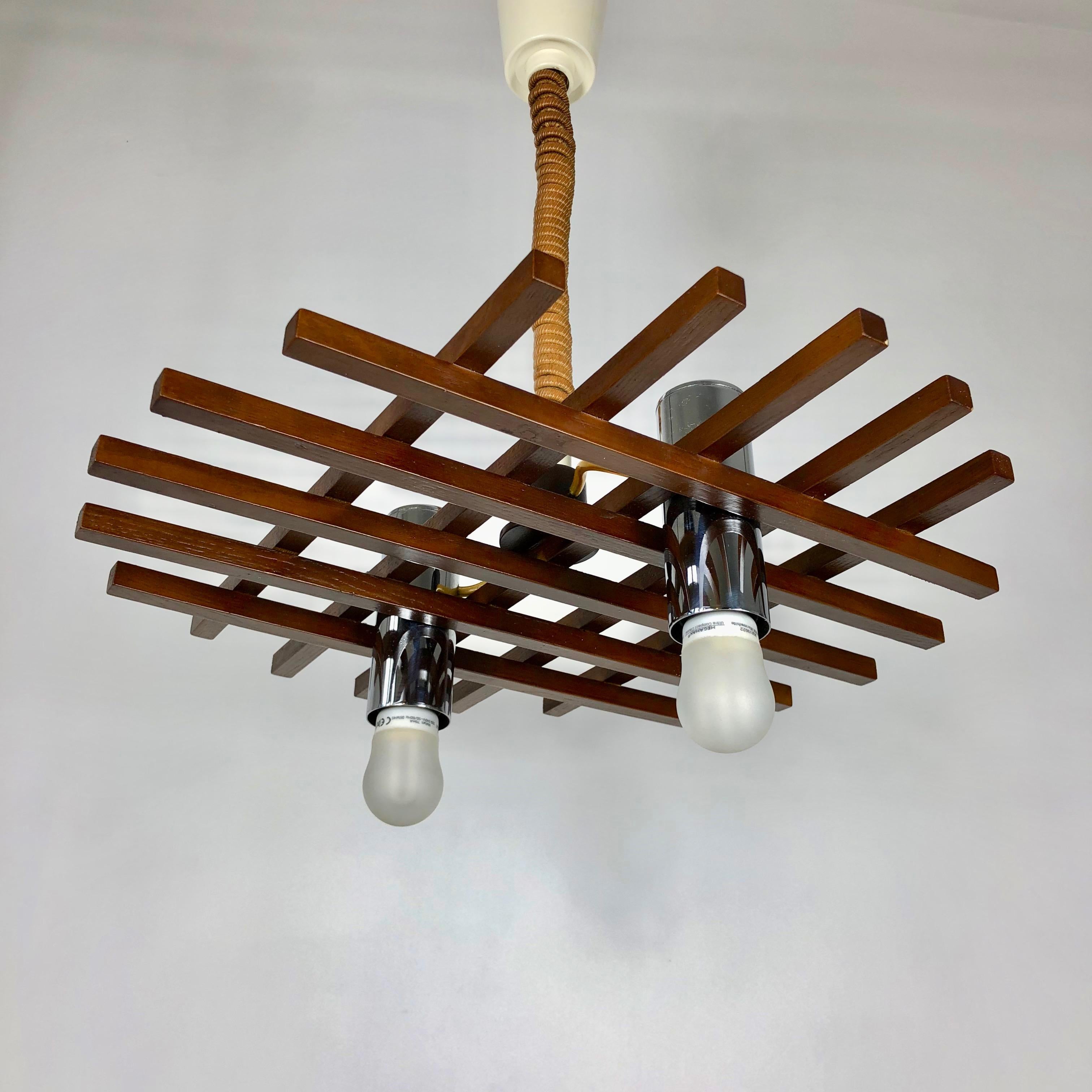 Mid-Century Modern Ceiling Chandelier Two Lights in Teak by Esperia, Italy, 1960s For Sale