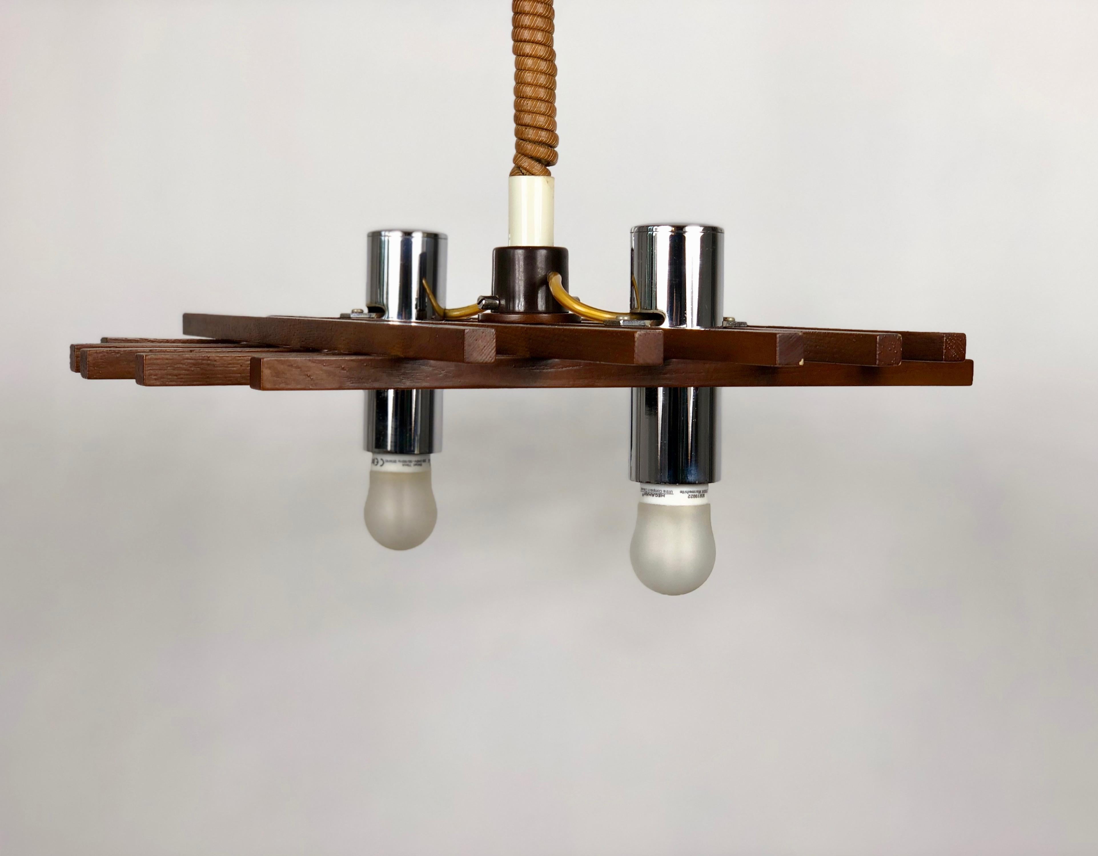 Ceiling Chandelier Two Lights in Teak by Esperia, Italy, 1960s In Good Condition For Sale In Rome, IT