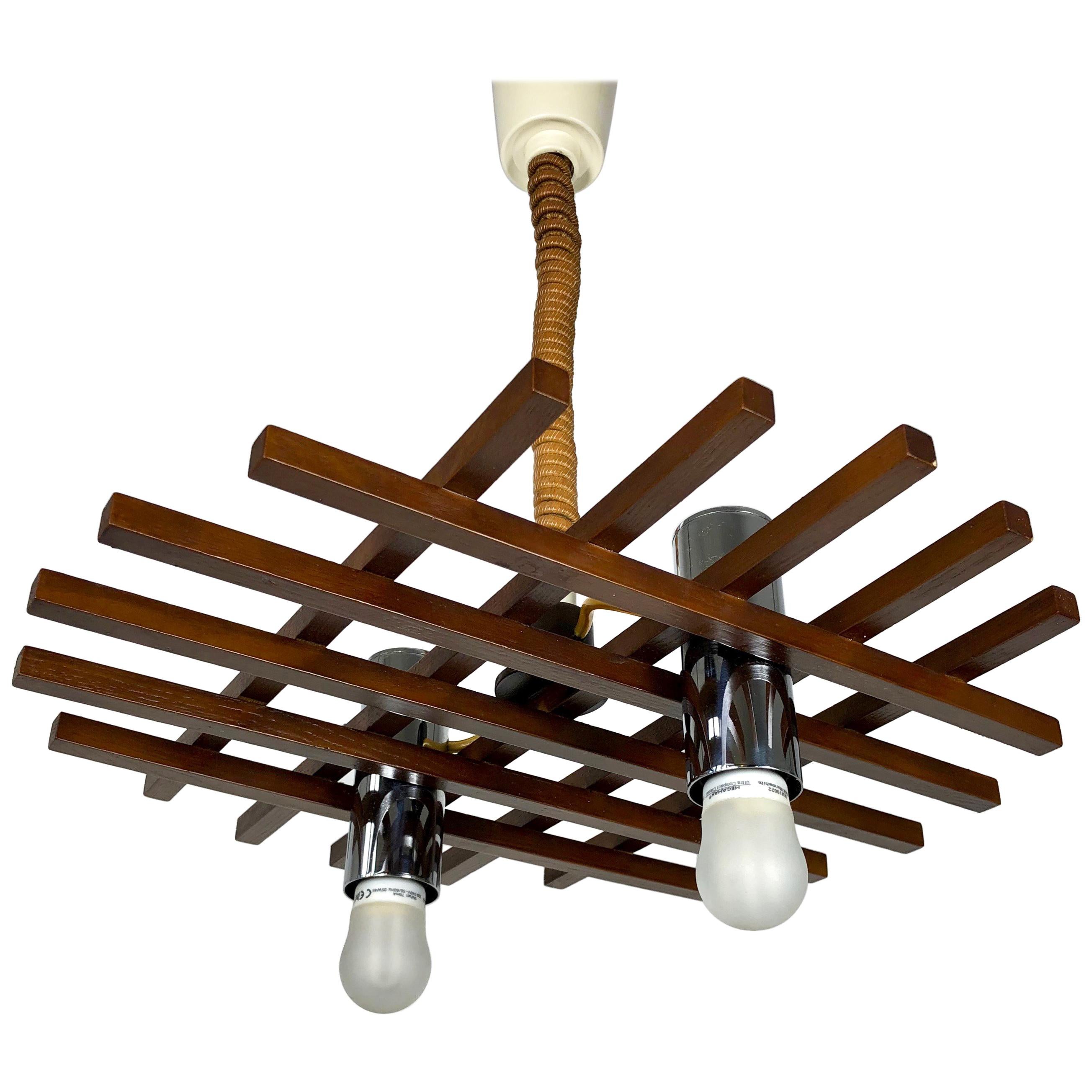 Ceiling Chandelier Two Lights in Teak by Esperia, Italy, 1960s For Sale
