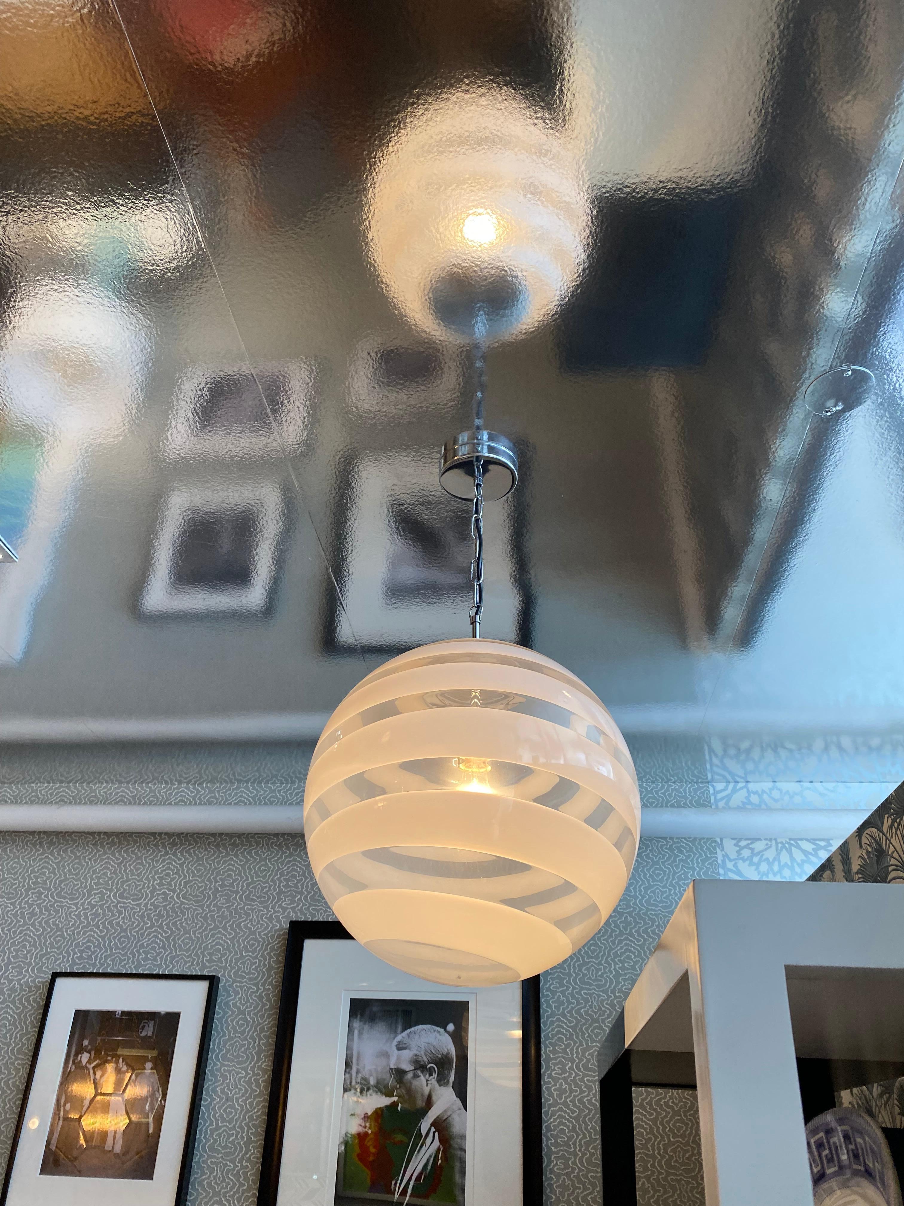 Hanging pendant light, white stripes, mid-century.