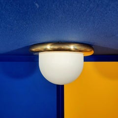 Ceiling flush mount 1960 italian white opaline with golden ring