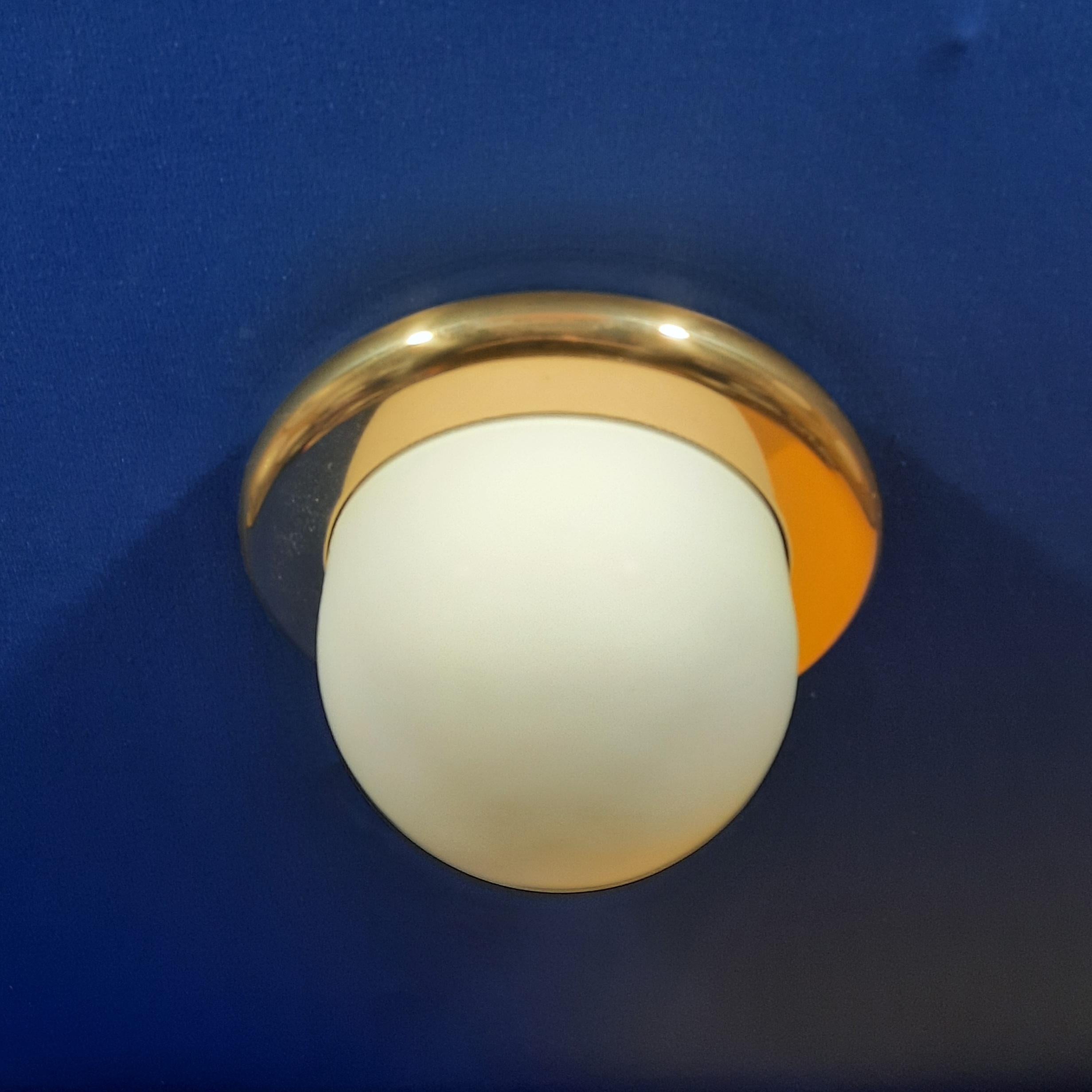 Italian Ceiling flush mount 1960 italian white opaline with golden ring  For Sale