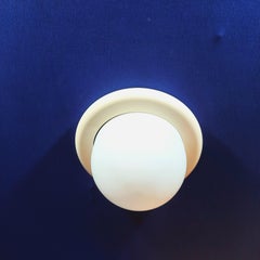 Ceiling flush Mount 1960 italian White Opaline with white lacquer ring