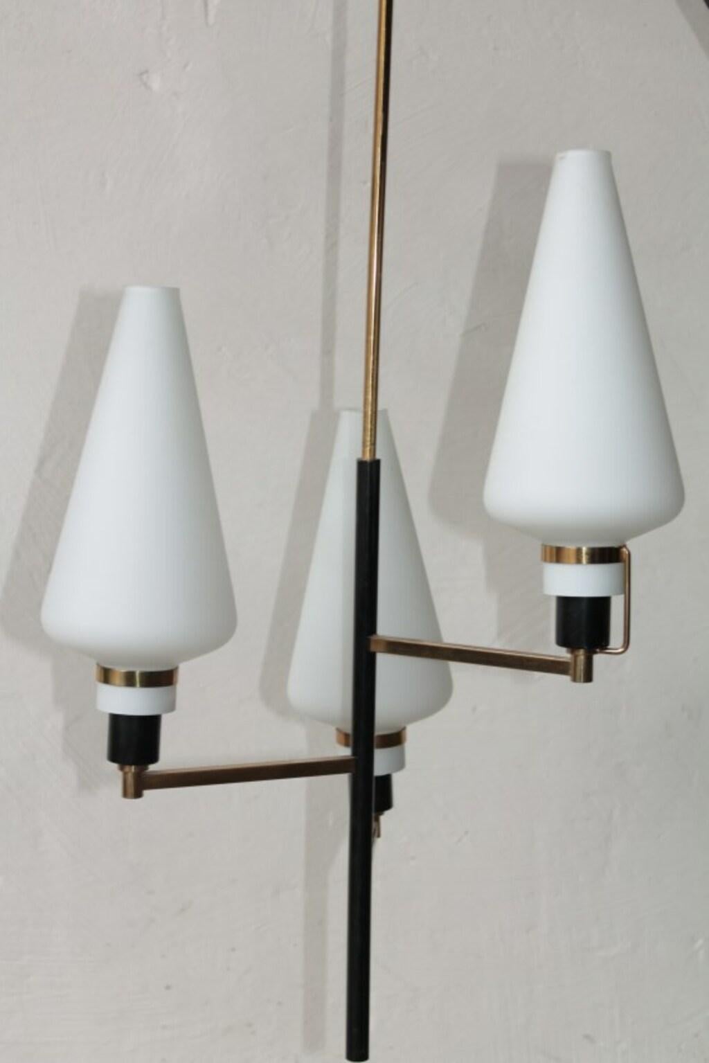 Ceiling lamp 1950s with 3-light, brass structure and glass 