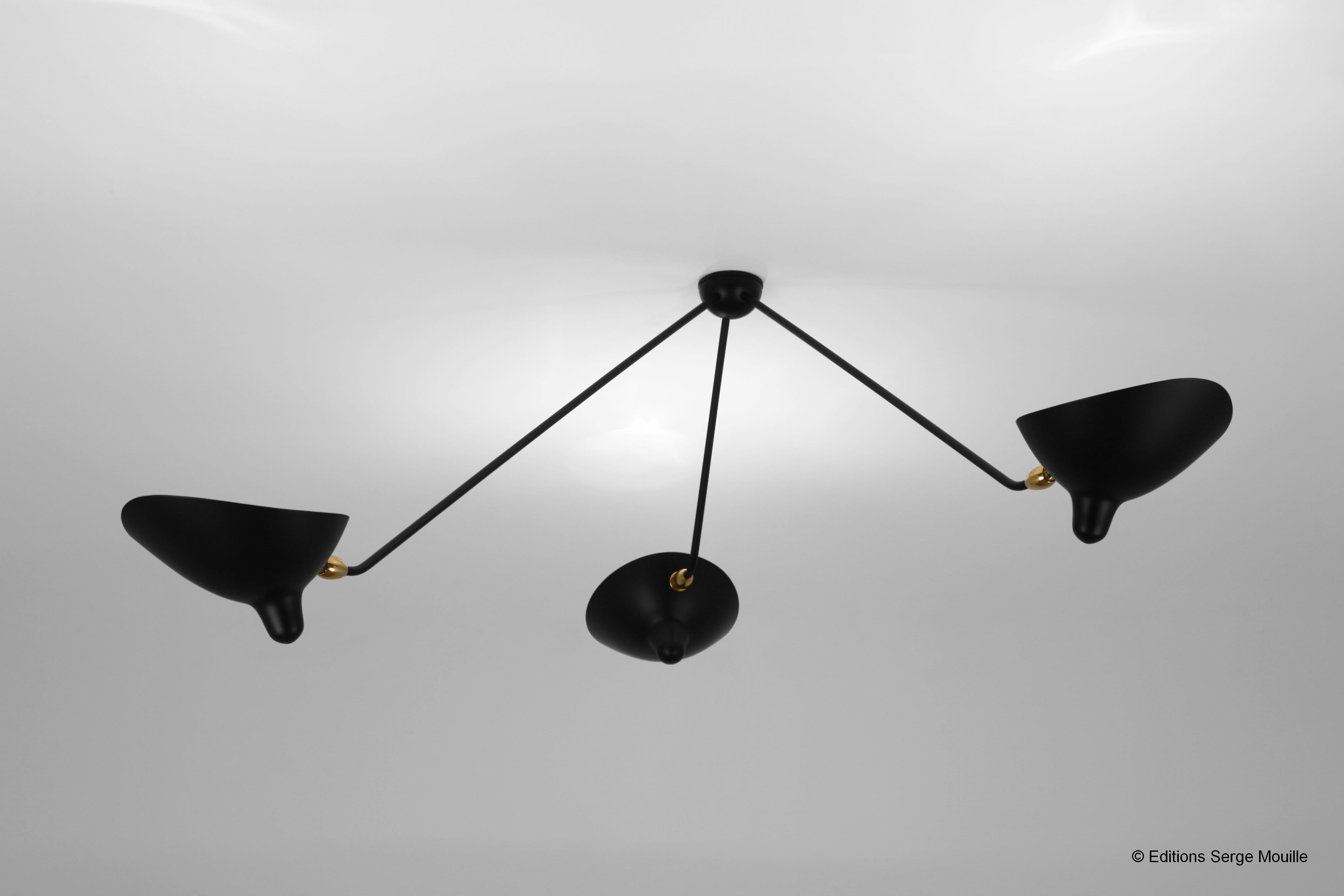 Ceiling Lamp 2 Still Arms and 1 Rotating Curved by Serge Mouille In New Condition In Geneve, CH