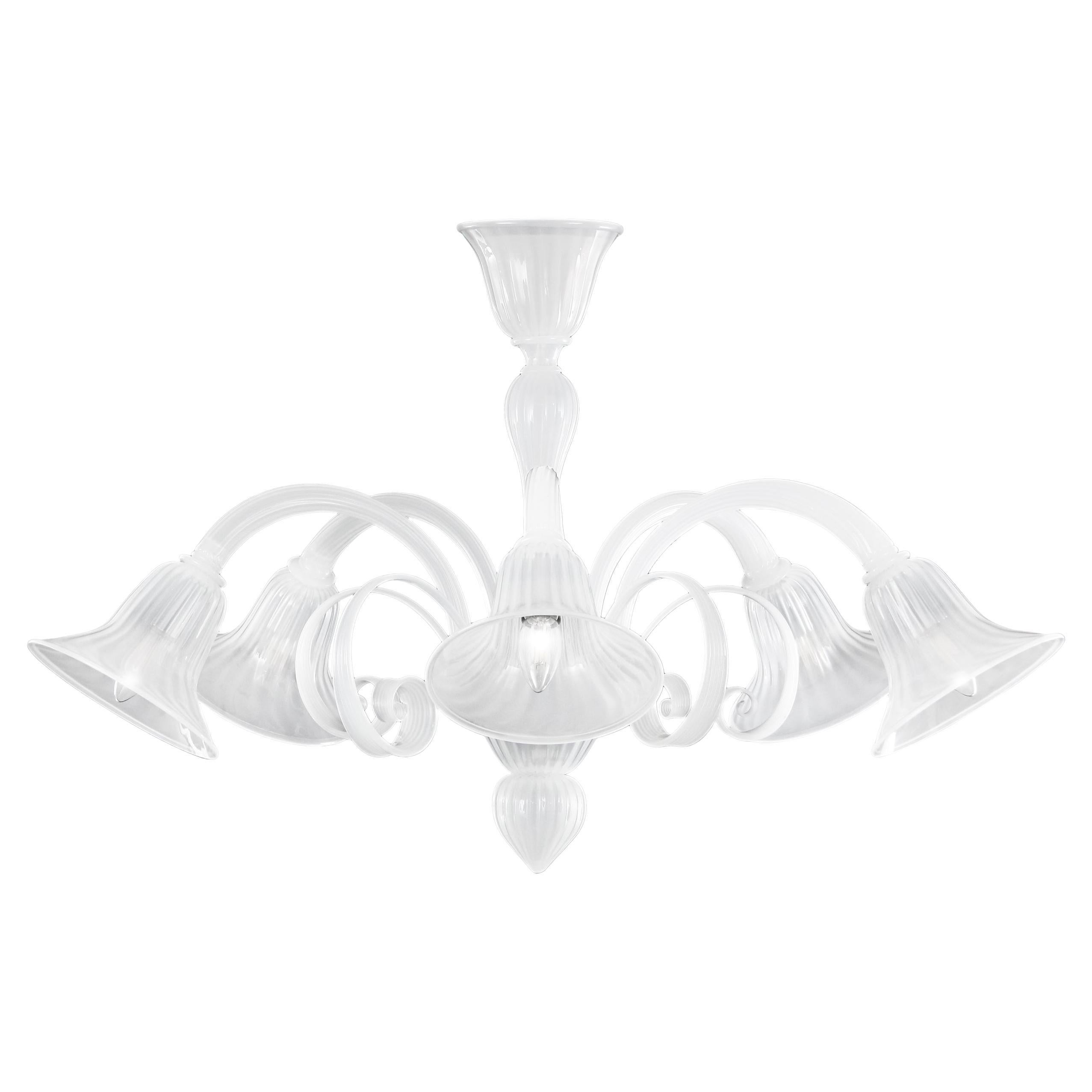Ceiling Lamp 5 Arms White Silk Handblown Murano Glass by Multiforme in Stock