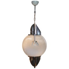 Vintage Ceiling Lamp Ball Murano Glass Selenova Italian Design Chrome Silver White