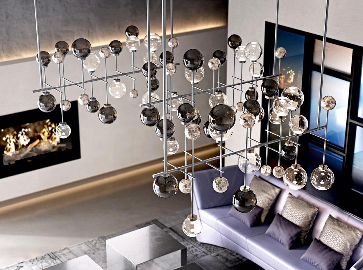 Italian Ceiling Lamp Brass Frame Nickel or Brass Finish Glass Spheres Artistic Mosaic For Sale
