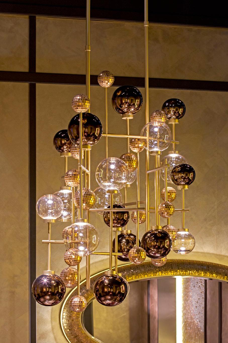 Contemporary Ceiling Lamp Brass Frame Nickel or Brass Finish Glass Spheres Artistic Mosaic For Sale