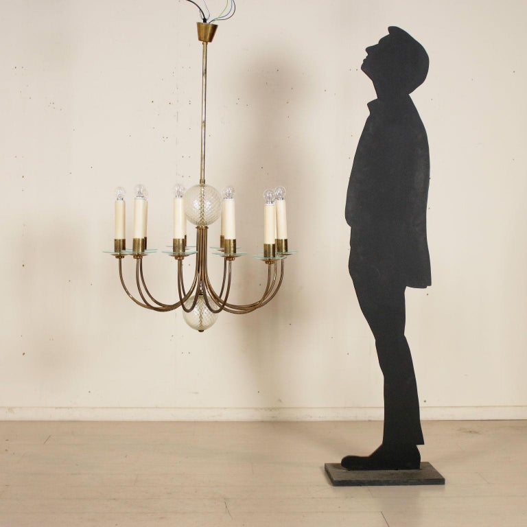Ceiling Lamp Brass Glass Vintage Italy 1940s