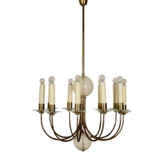 Ceiling Lamp Brass Glass Vintage, Italy, 1940s