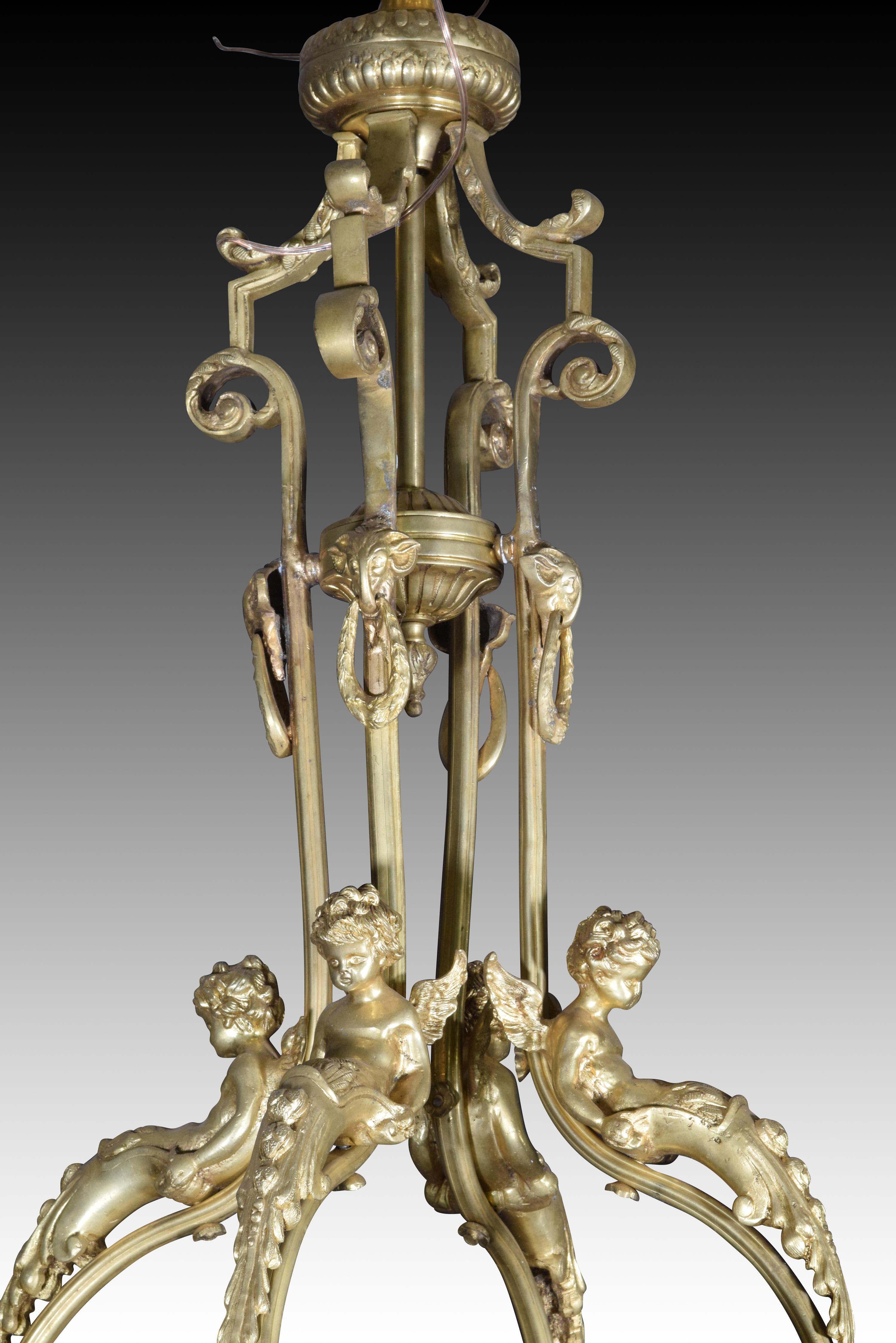 Other Ceiling lamp. Bronze, glass. 20th century. For Sale