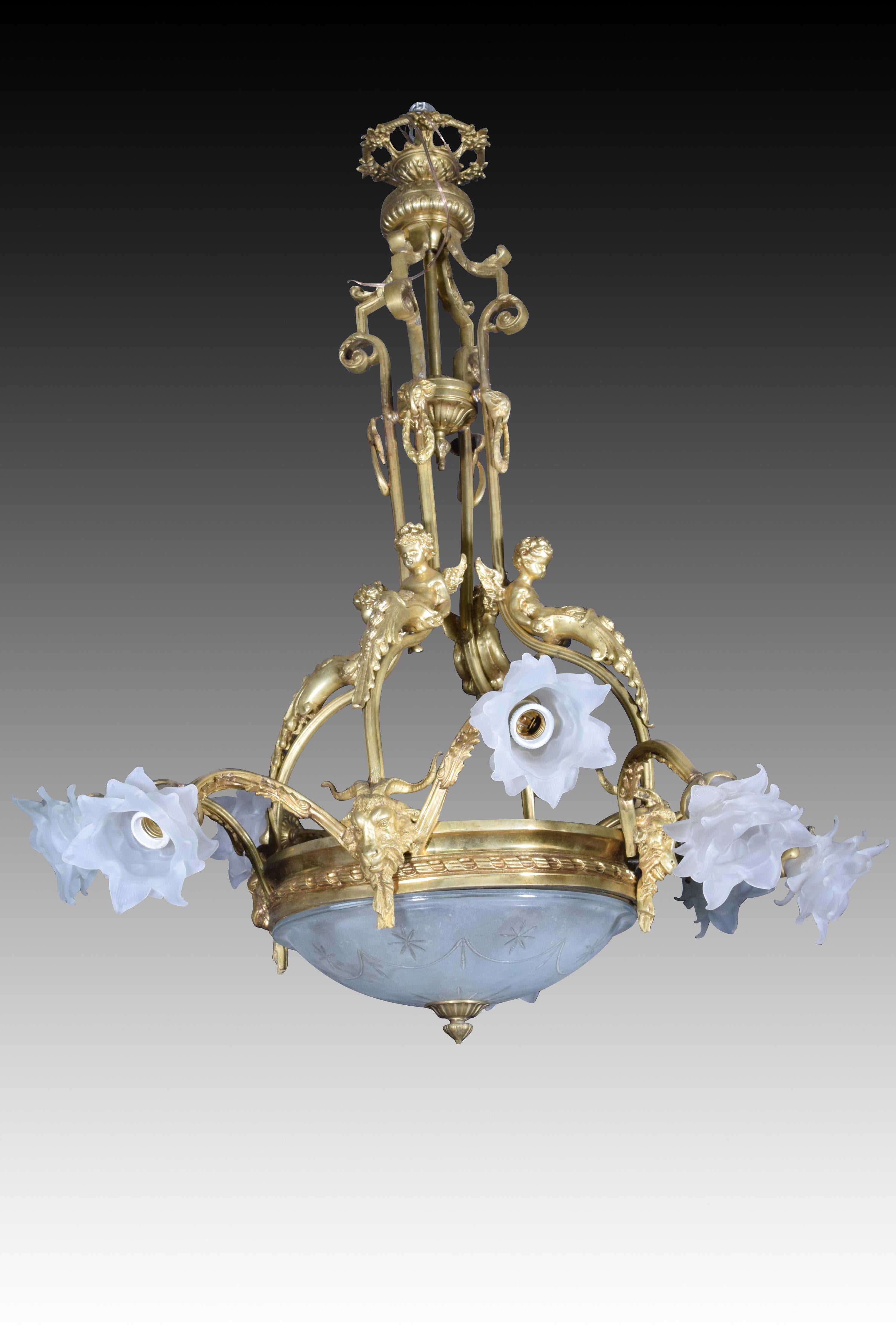 European Ceiling lamp. Bronze, glass. 20th century. For Sale
