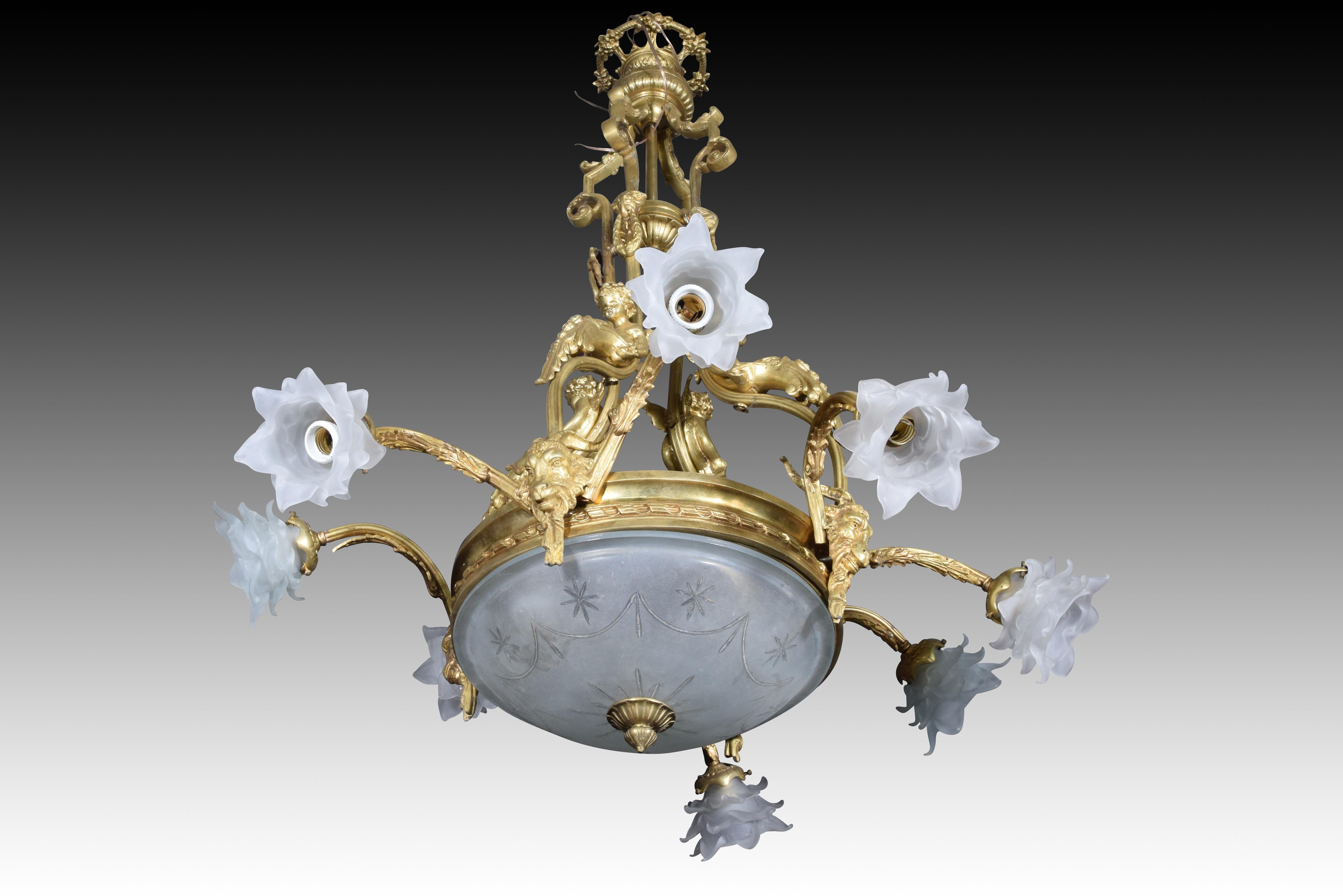 Ceiling lamp. Bronze, glass. 20th century. In Good Condition For Sale In Madrid, ES