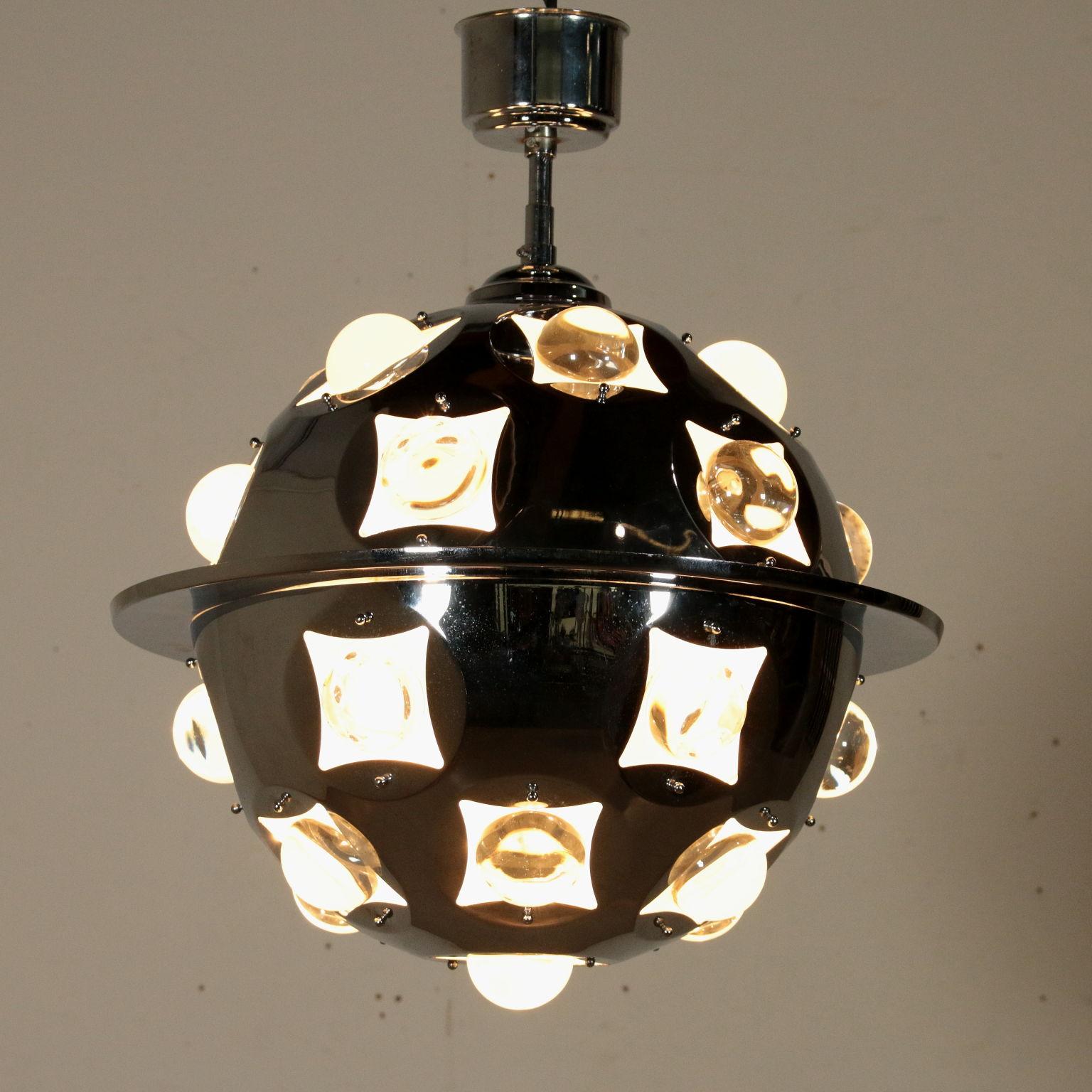 Mid-Century Modern Ceiling Lamp by Oscar Torlasco Chromed Metal Glass Vintage, Italy, 1960s
