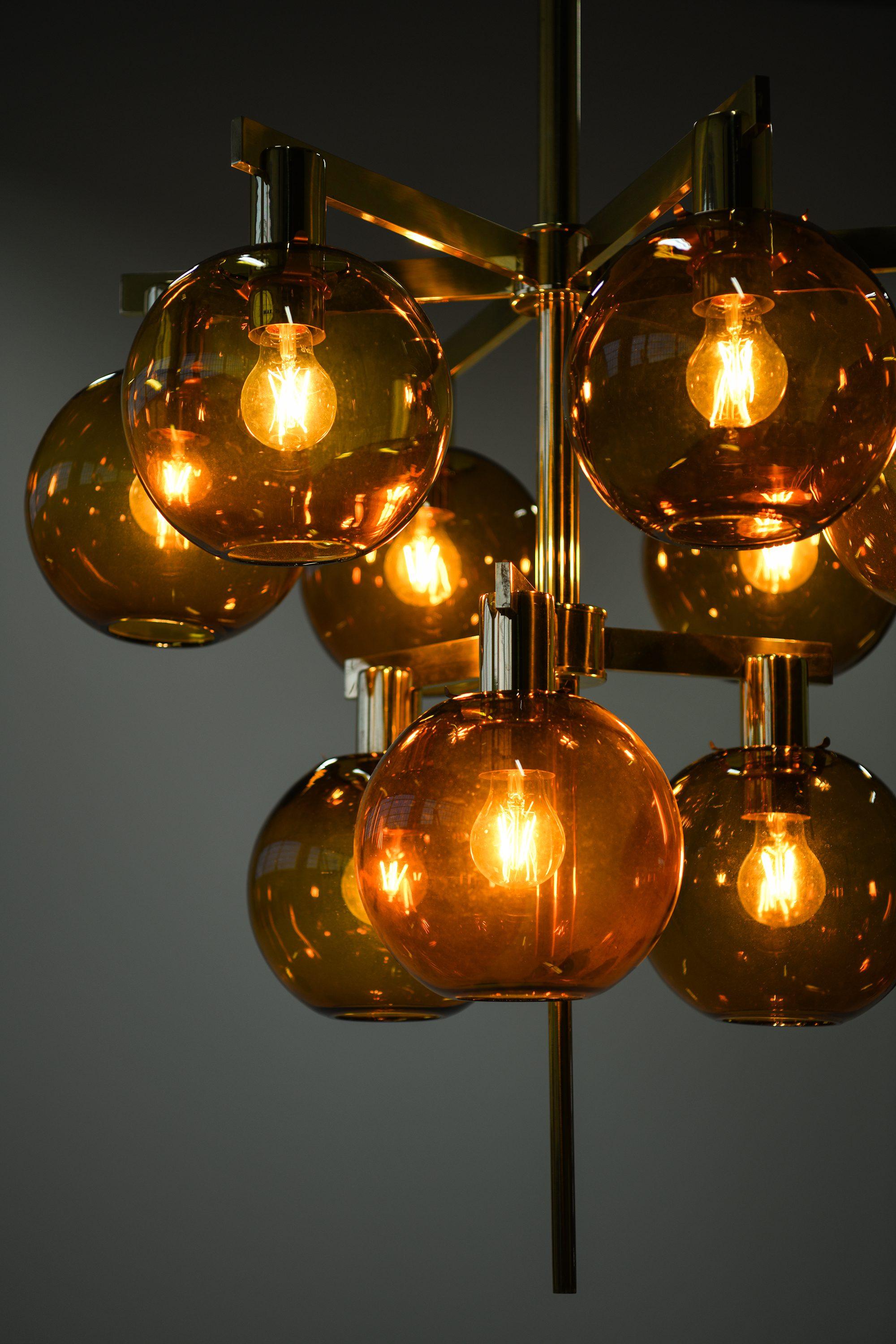 Ceiling Lamp Chandelier in Brass and Amber Glass by Hans-Agne Jakobsson, 1950's For Sale 1