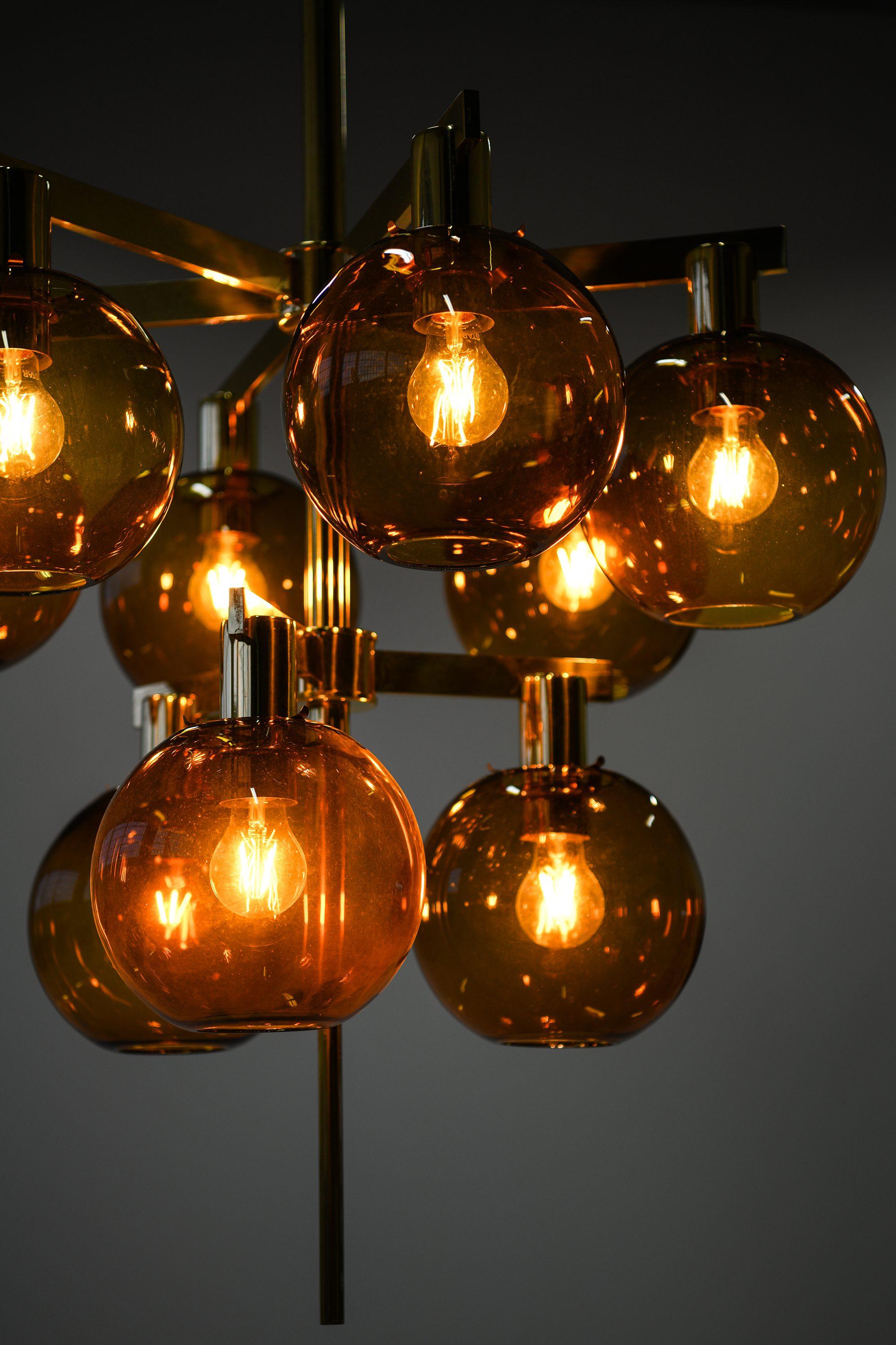 Ceiling Lamp Chandelier in Brass and Amber Glass by Hans-Agne Jakobsson, 1950's For Sale 2