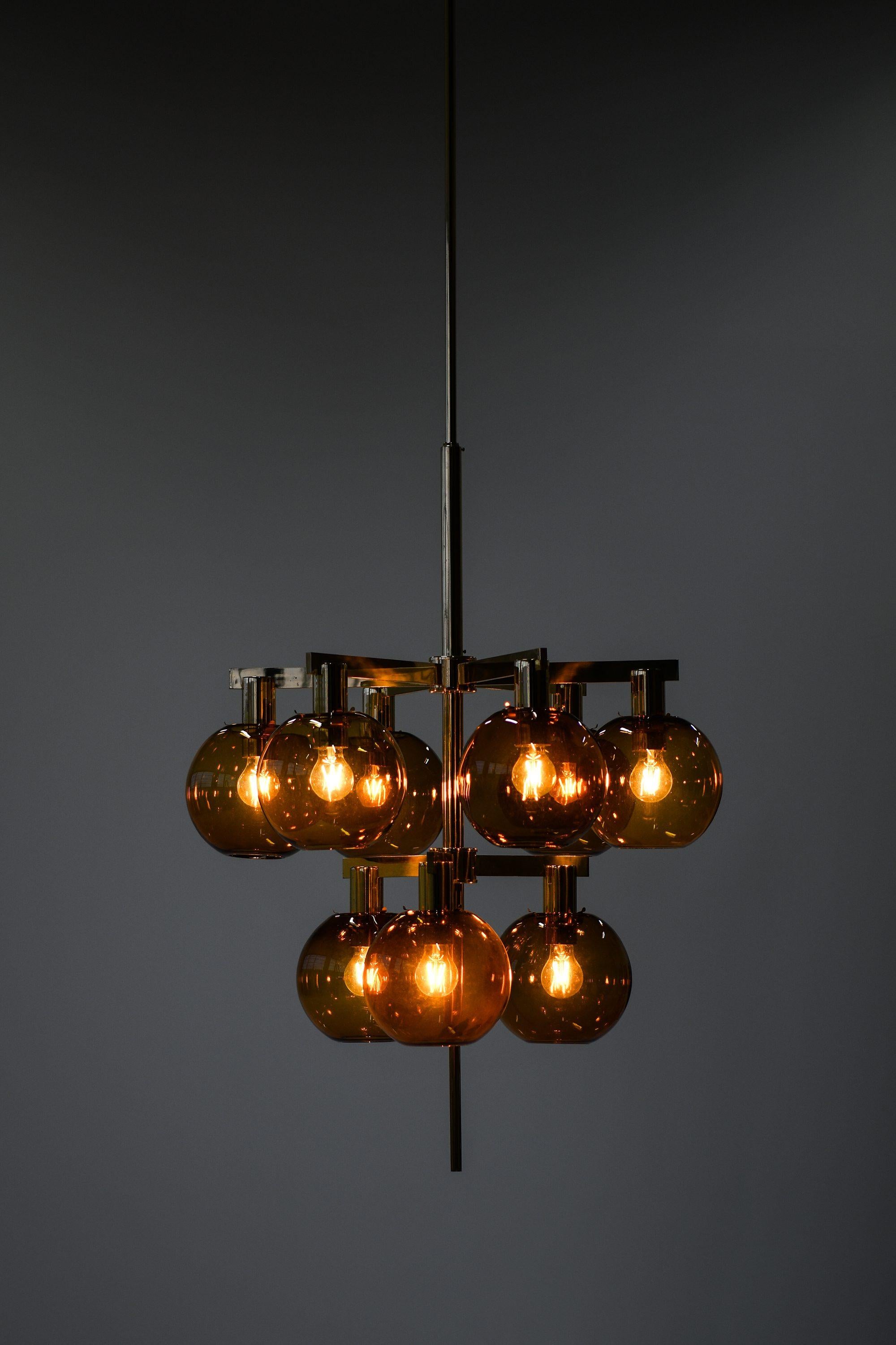 Ceiling Lamp Chandelier in Brass and Amber Glass by Hans-Agne Jakobsson, 1950's For Sale 3