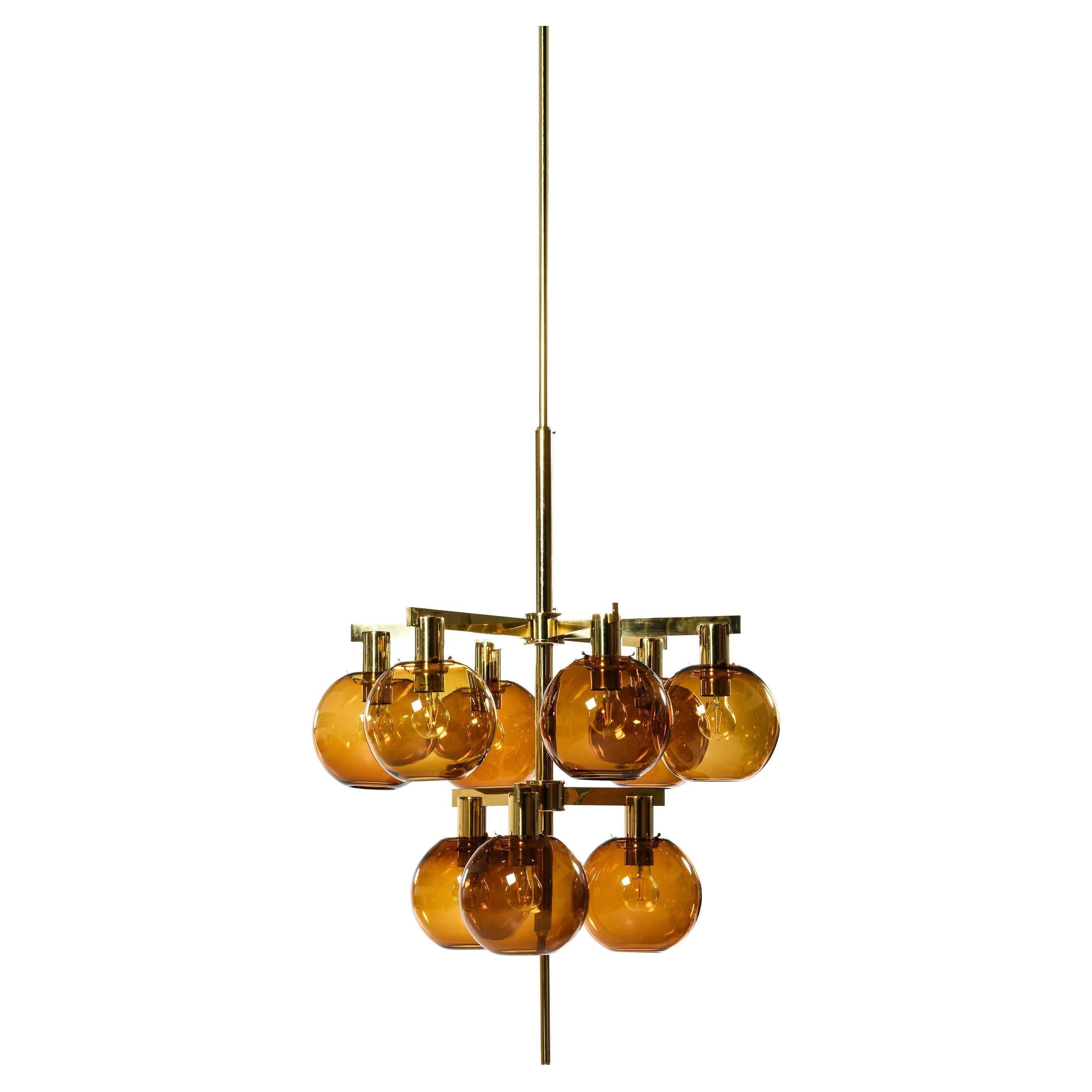 Ceiling Lamp Chandelier in Brass and Amber Glass by Hans-Agne Jakobsson, 1950's For Sale