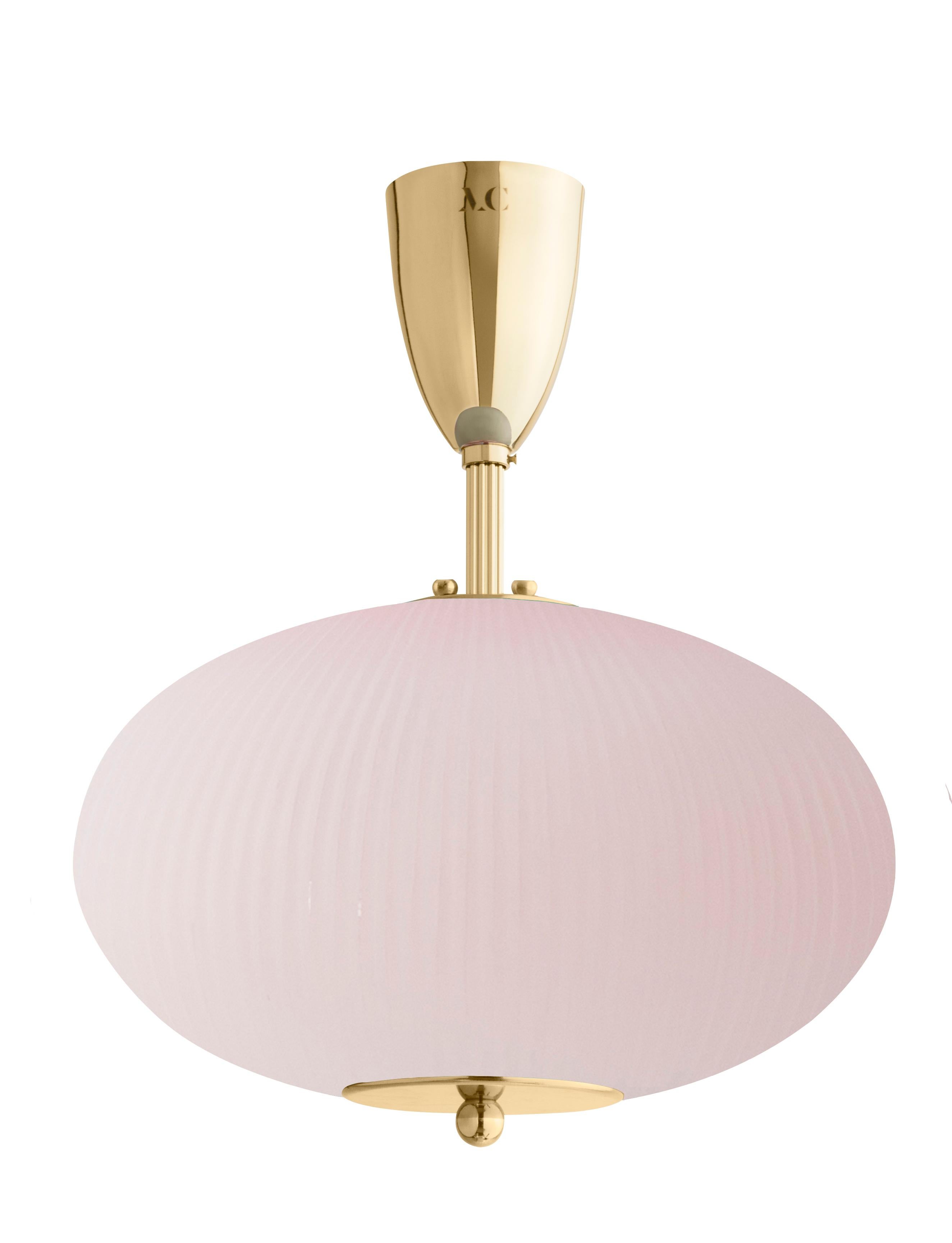 Ceiling Lamp China 07 by Magic Circus Editions
Dimensions: H 40 x W 32 x D 32 cm
Materials: Brass, mouth blown glass sculpted with a diamond saw
Colour: soft rose

Available finishes: Brass, nickel
Available colours: enamel soft white, soft