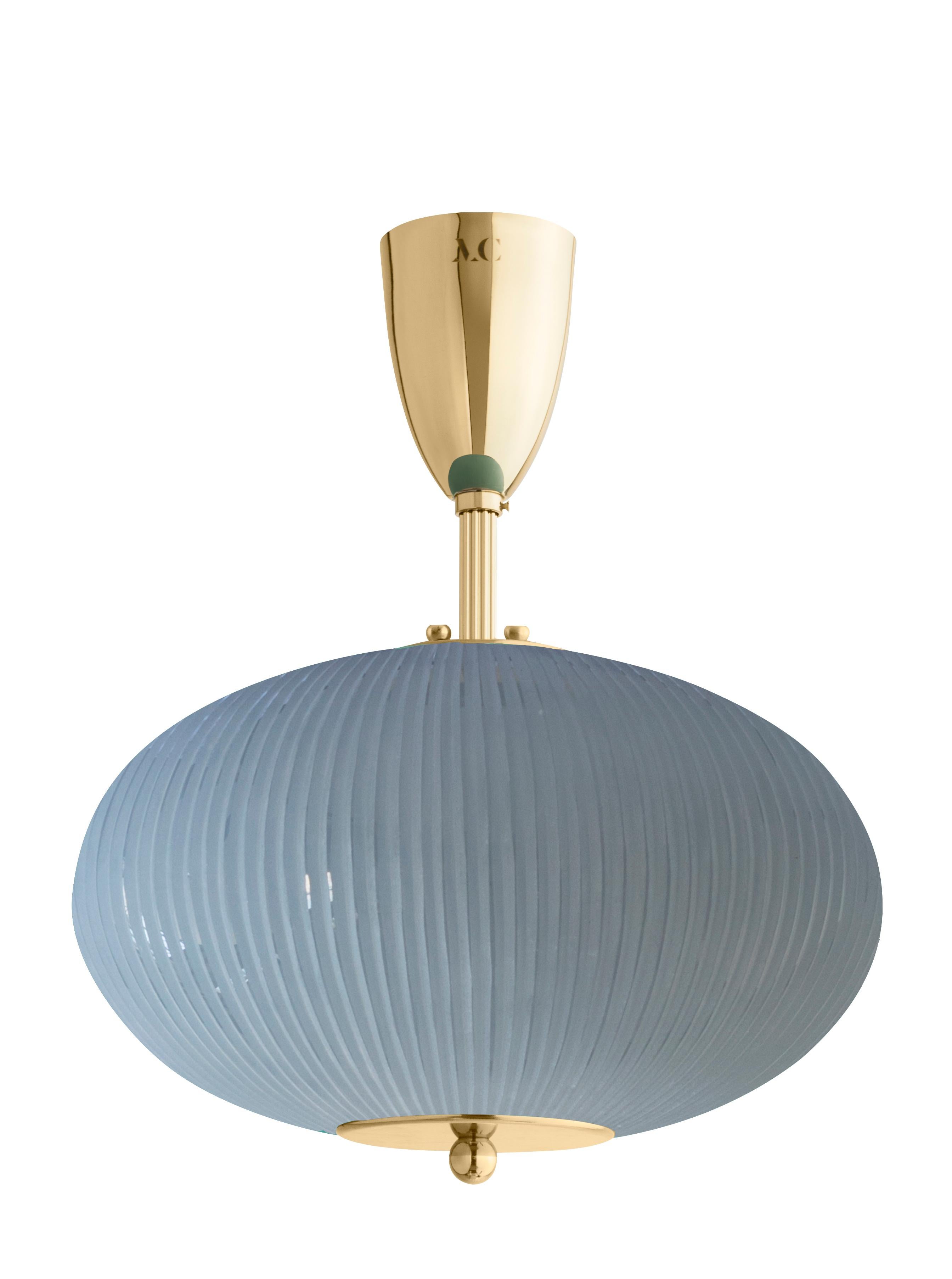 Ceiling lamp China 07 by Magic Circus Editions
Dimensions: H 40 x W 32 x D 32 cm
Materials: Brass, mouth blown glass sculpted with a diamond saw
Colour: opal grey

Available finishes: Brass, nickel
Available colours: enamel soft white, soft